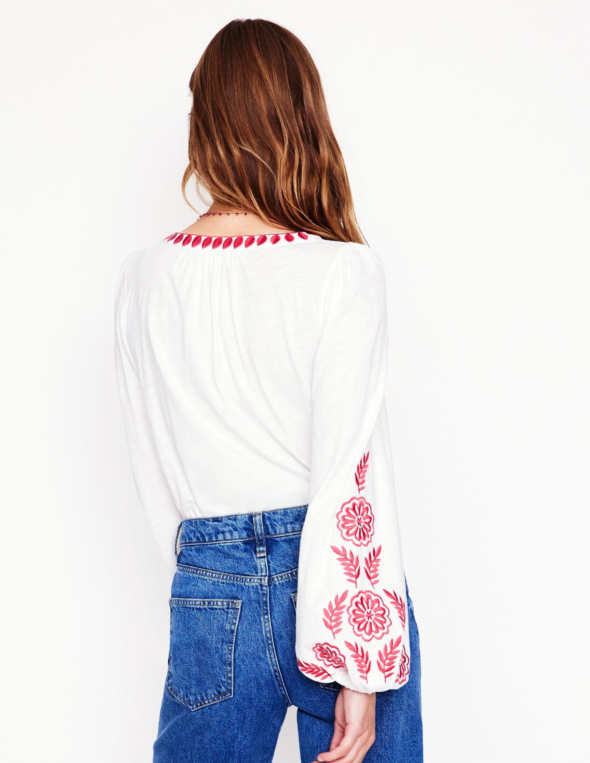 Nia Embroidered Top-White, Berry Red-4