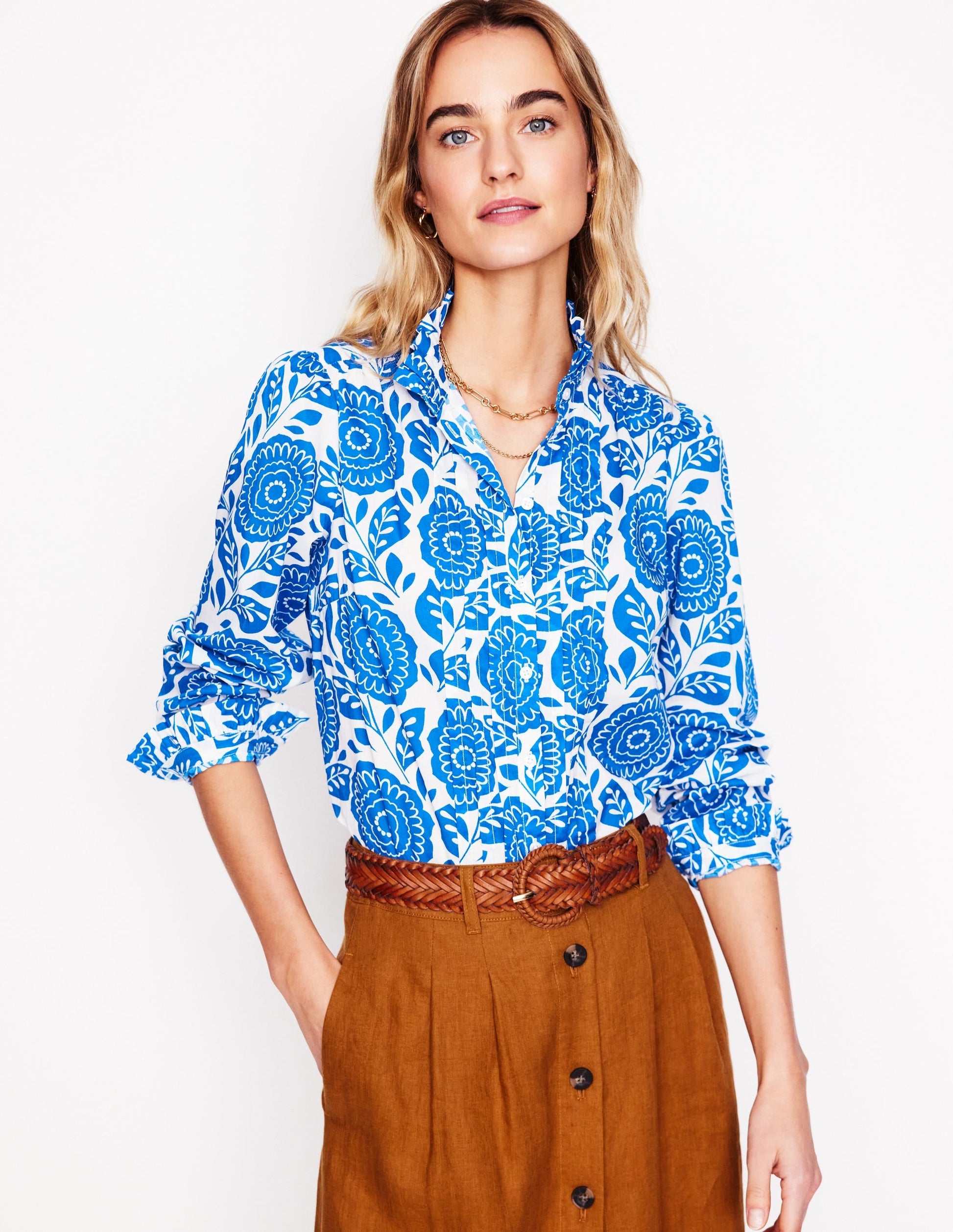 Felicity Cotton Blouse-Gallery Blue, Dahlia Stamp-5