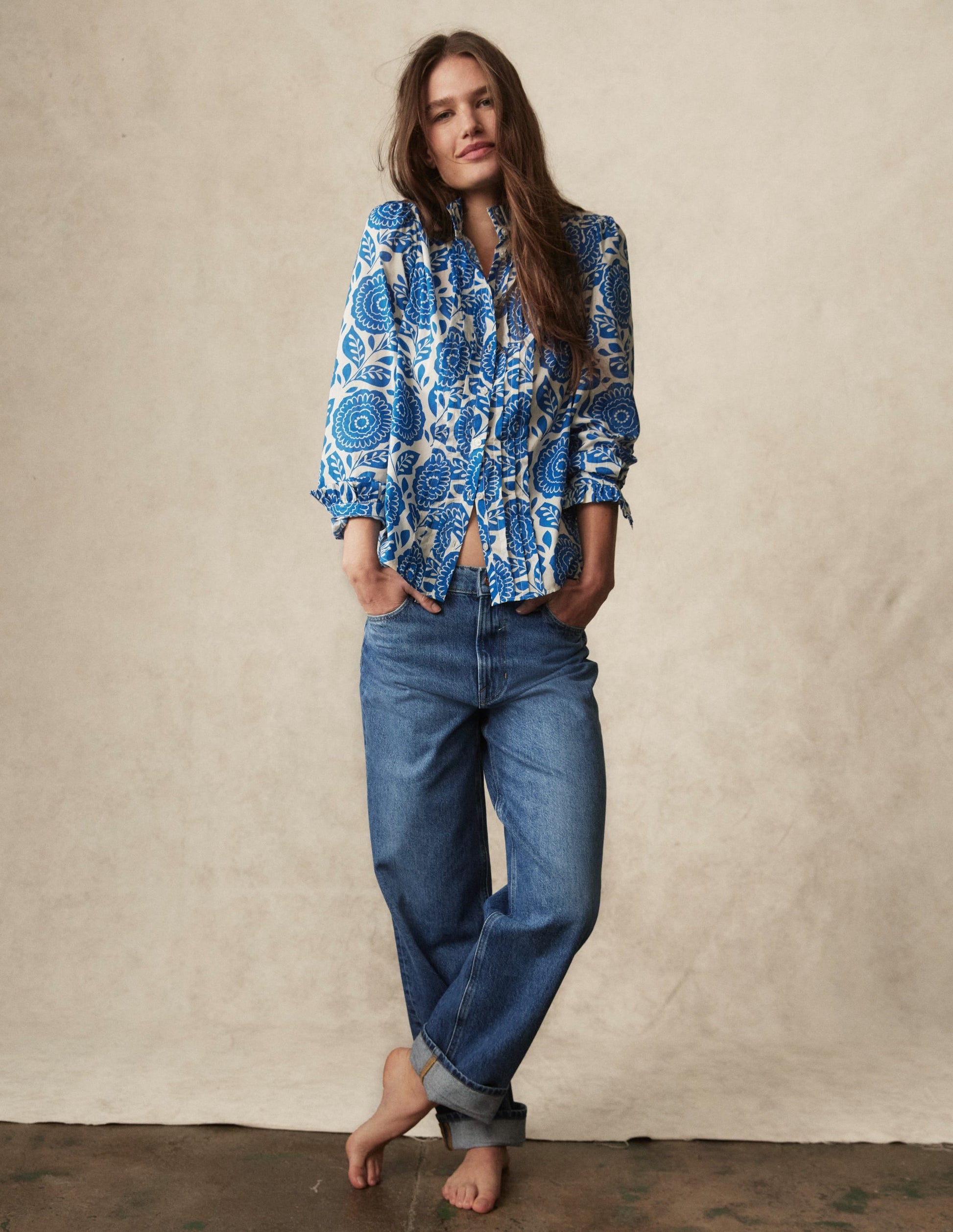 Felicity Cotton Blouse-Gallery Blue, Dahlia Stamp-8