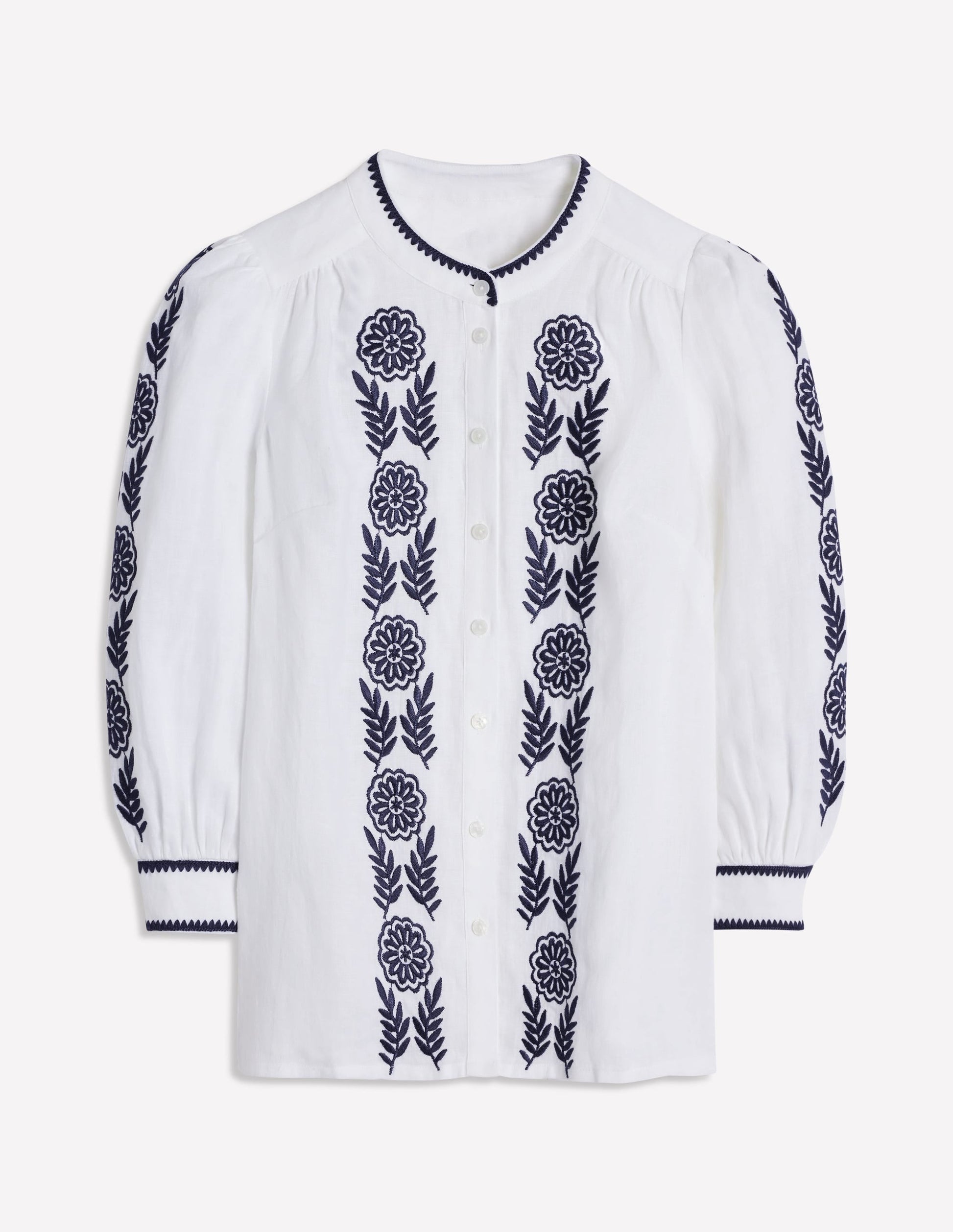 Alicia Linen Top-White, Navy Floral Embroidery-6