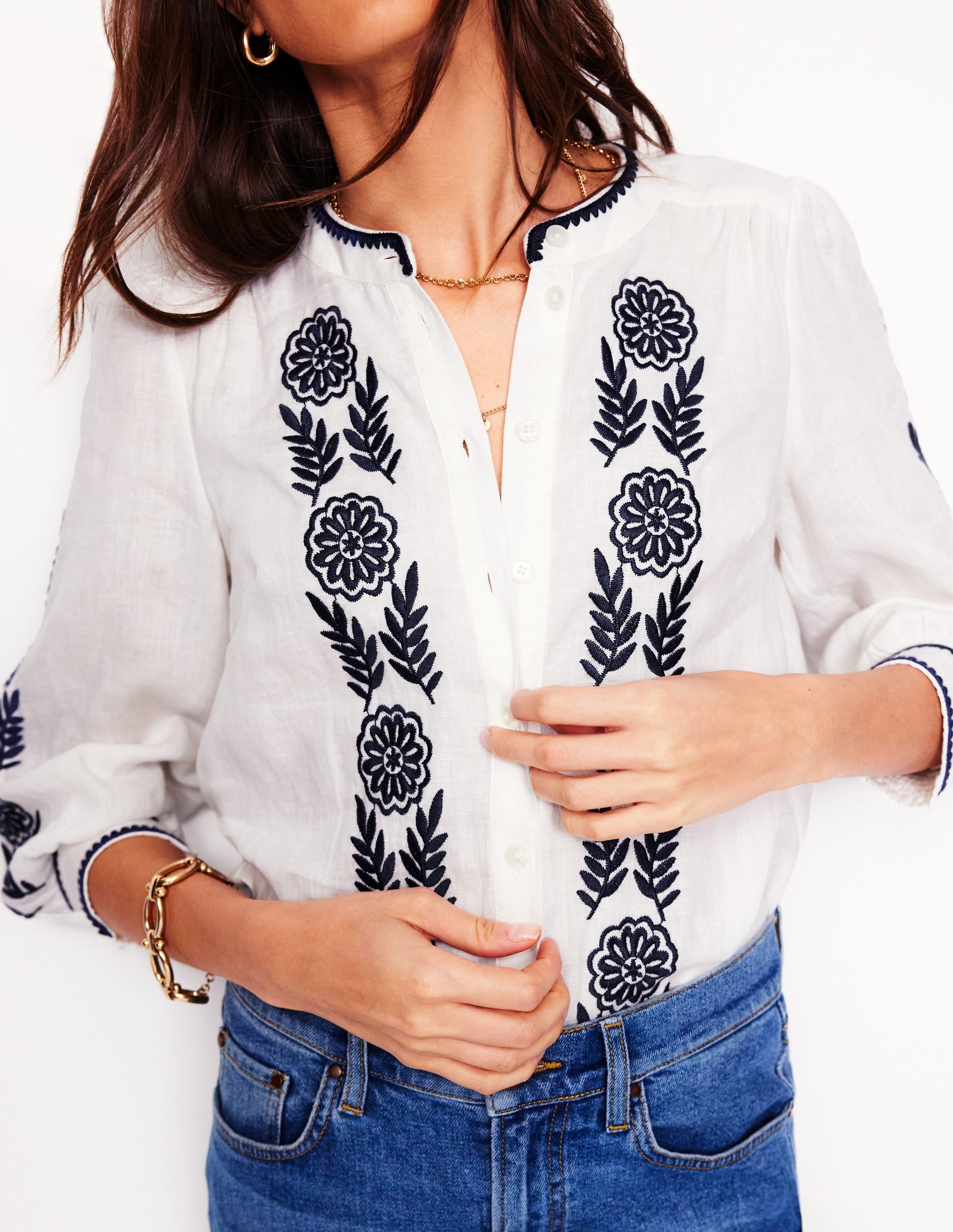 Alicia Linen Top-White, Navy Floral Embroidery - Image 1