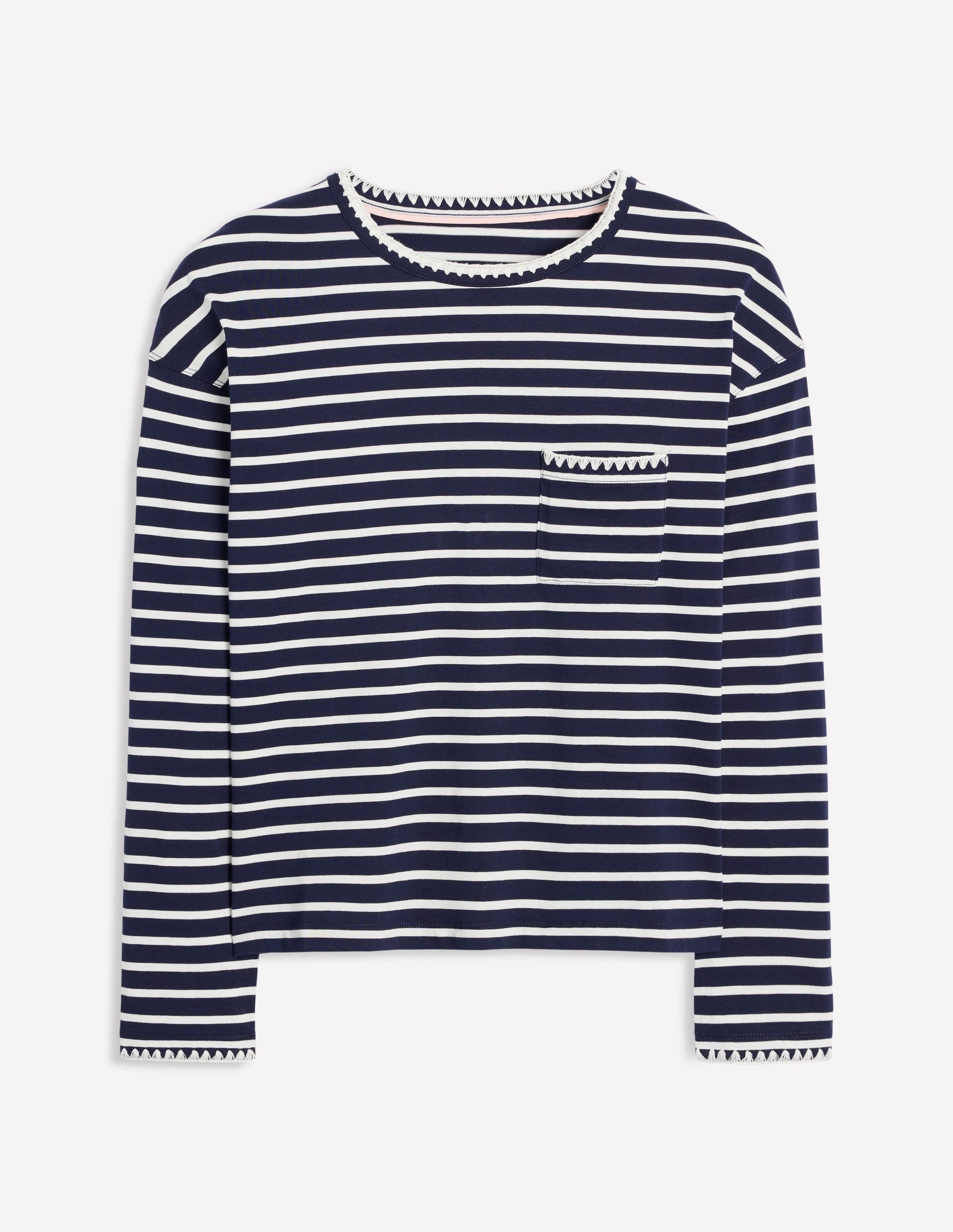 Blanket Stitch Boxy Top-Navy, Ivory-5