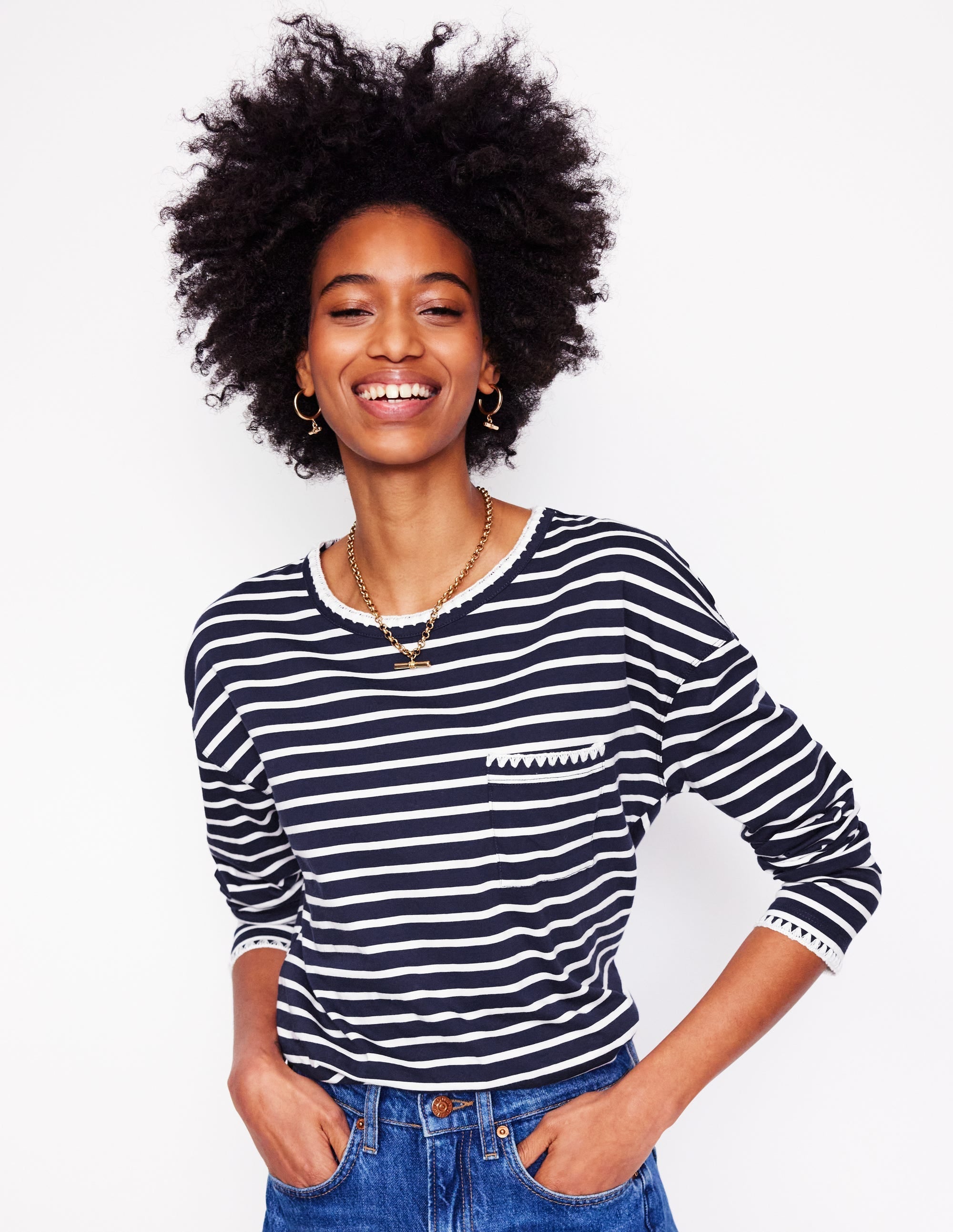 Blanket Stitch Boxy Top-Navy, Ivory - Image 1