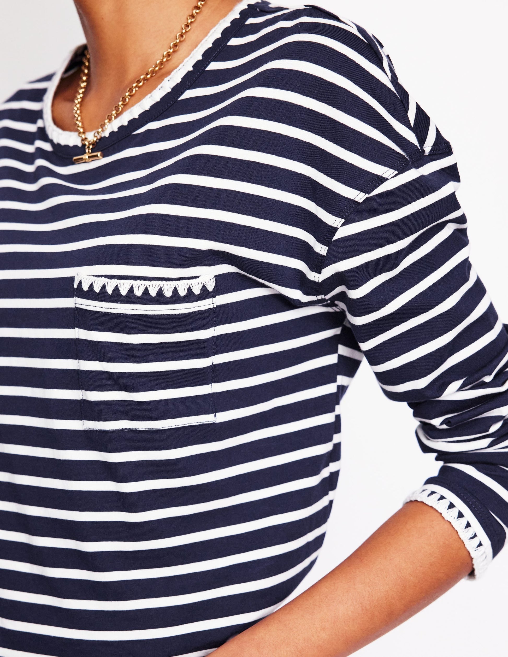 Blanket Stitch Boxy Top-Navy, Ivory-2