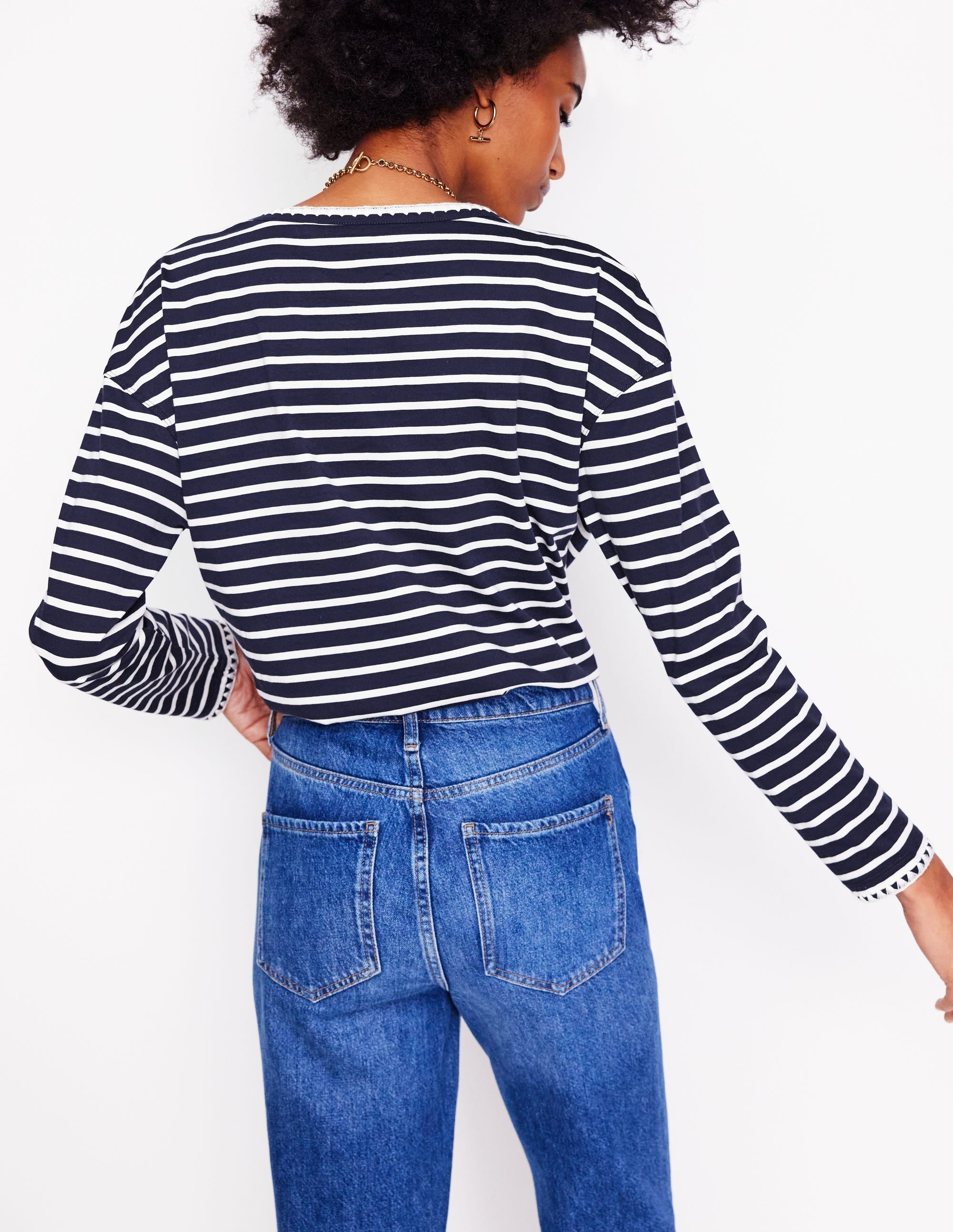 Blanket Stitch Boxy Top-Navy, Ivory - Image 3