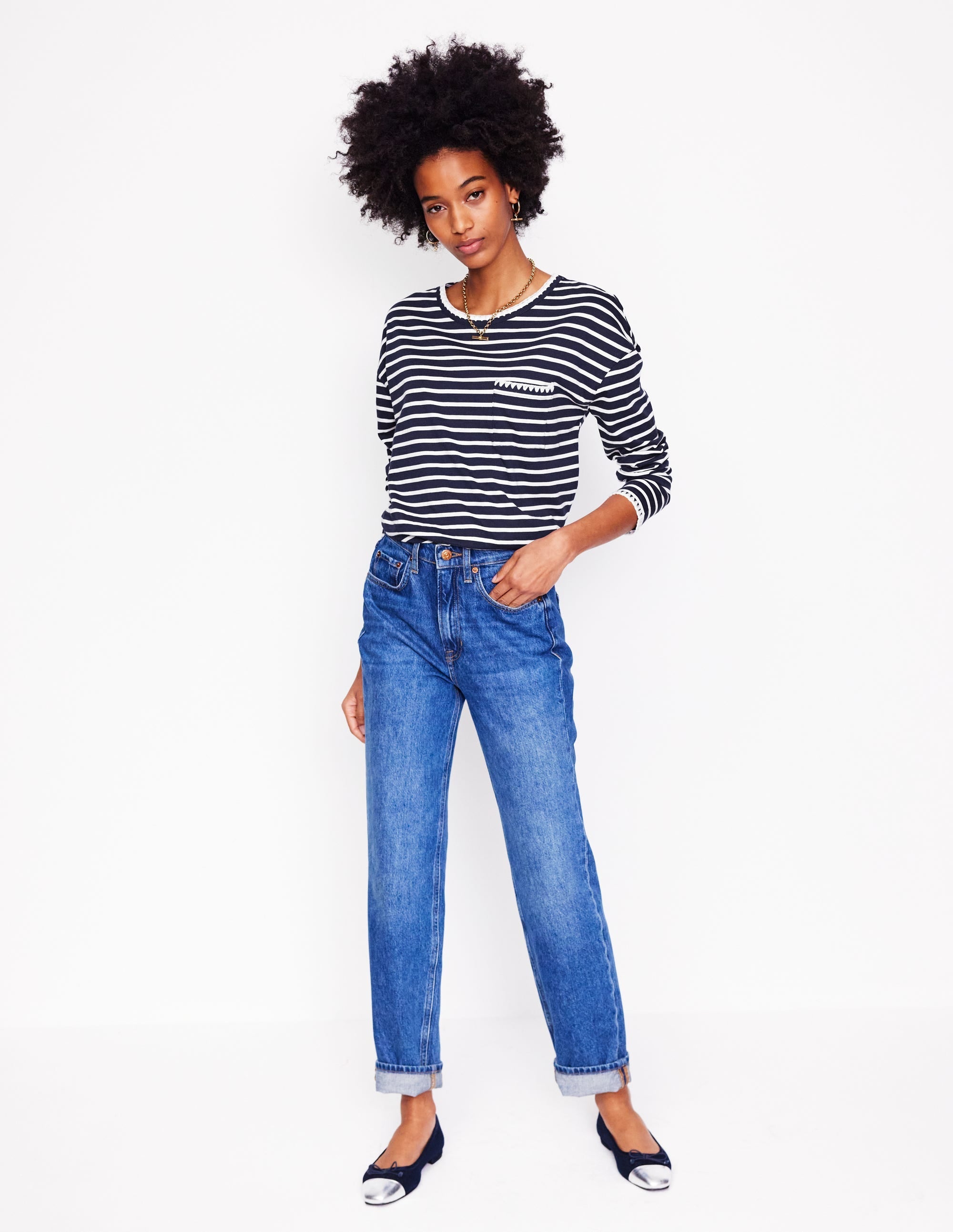 Blanket Stitch Boxy Top-Navy, Ivory - Image 4