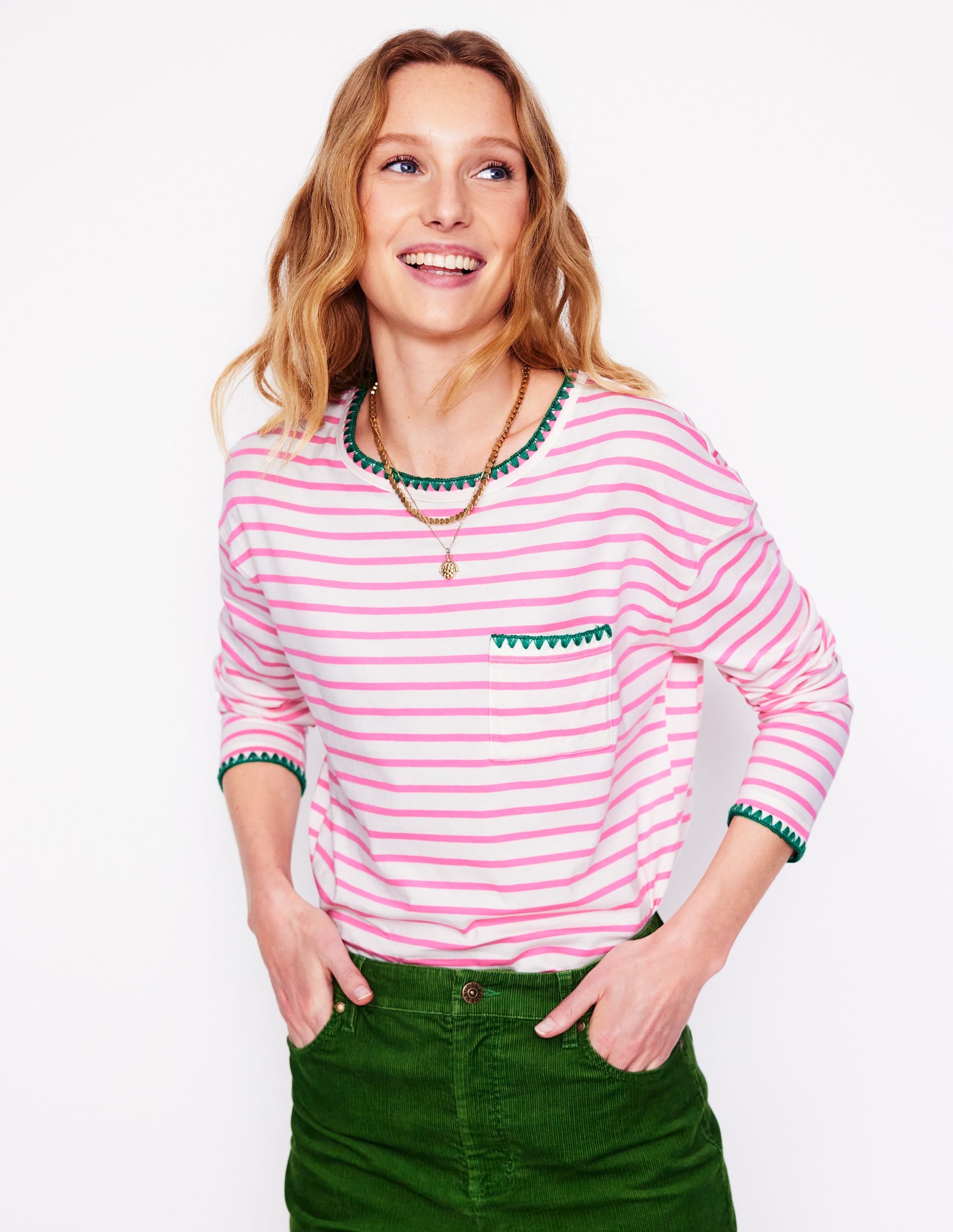 Blanket Stitch Boxy Top-Ivory, Pink Rose - Image 1