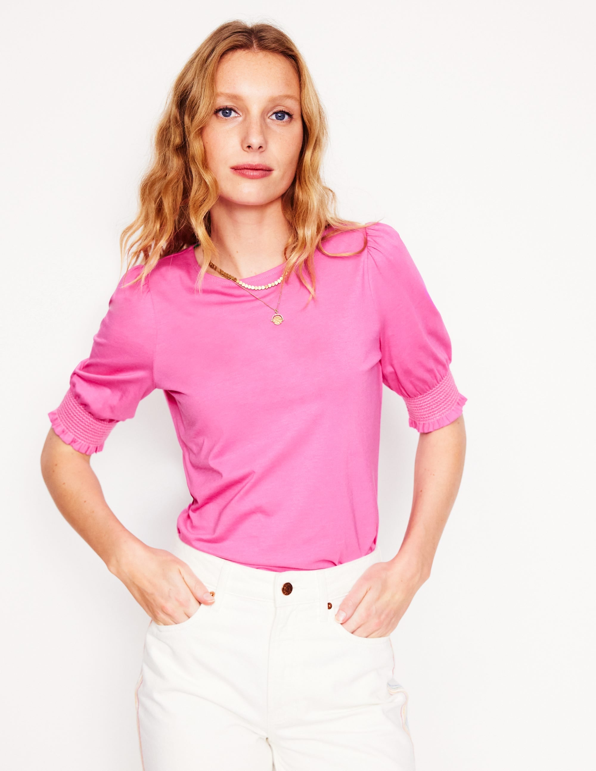 Short Sleeve Smocked Cuff Top-Tickled Pink - Image 1