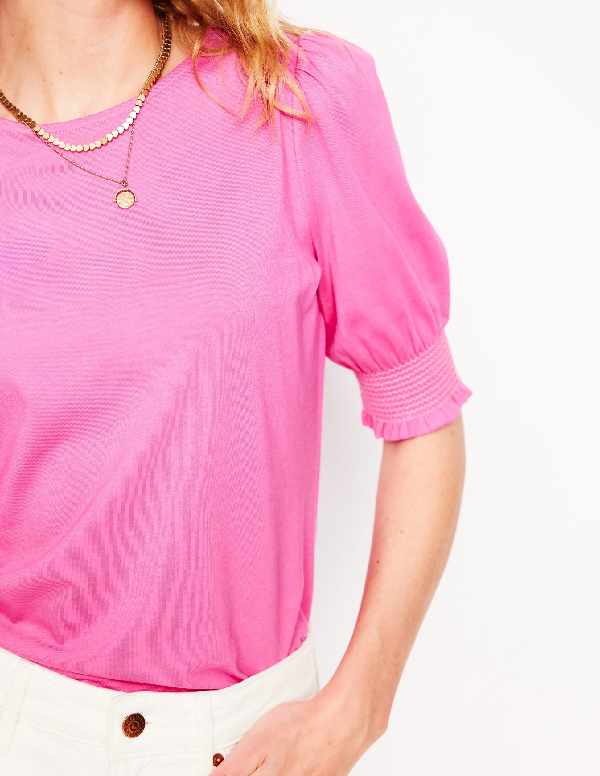 Short Sleeve Smocked Cuff Top-Tickled Pink-2