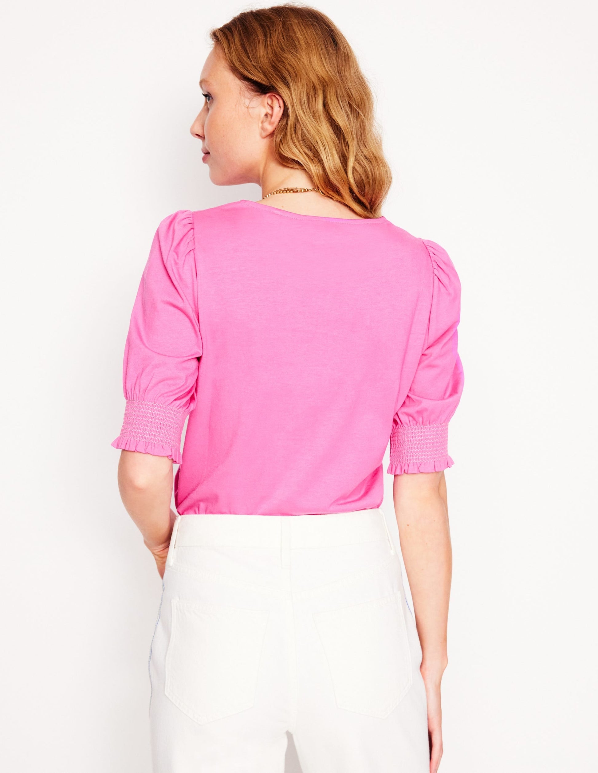 Short Sleeve Smocked Cuff Top-Tickled Pink-3