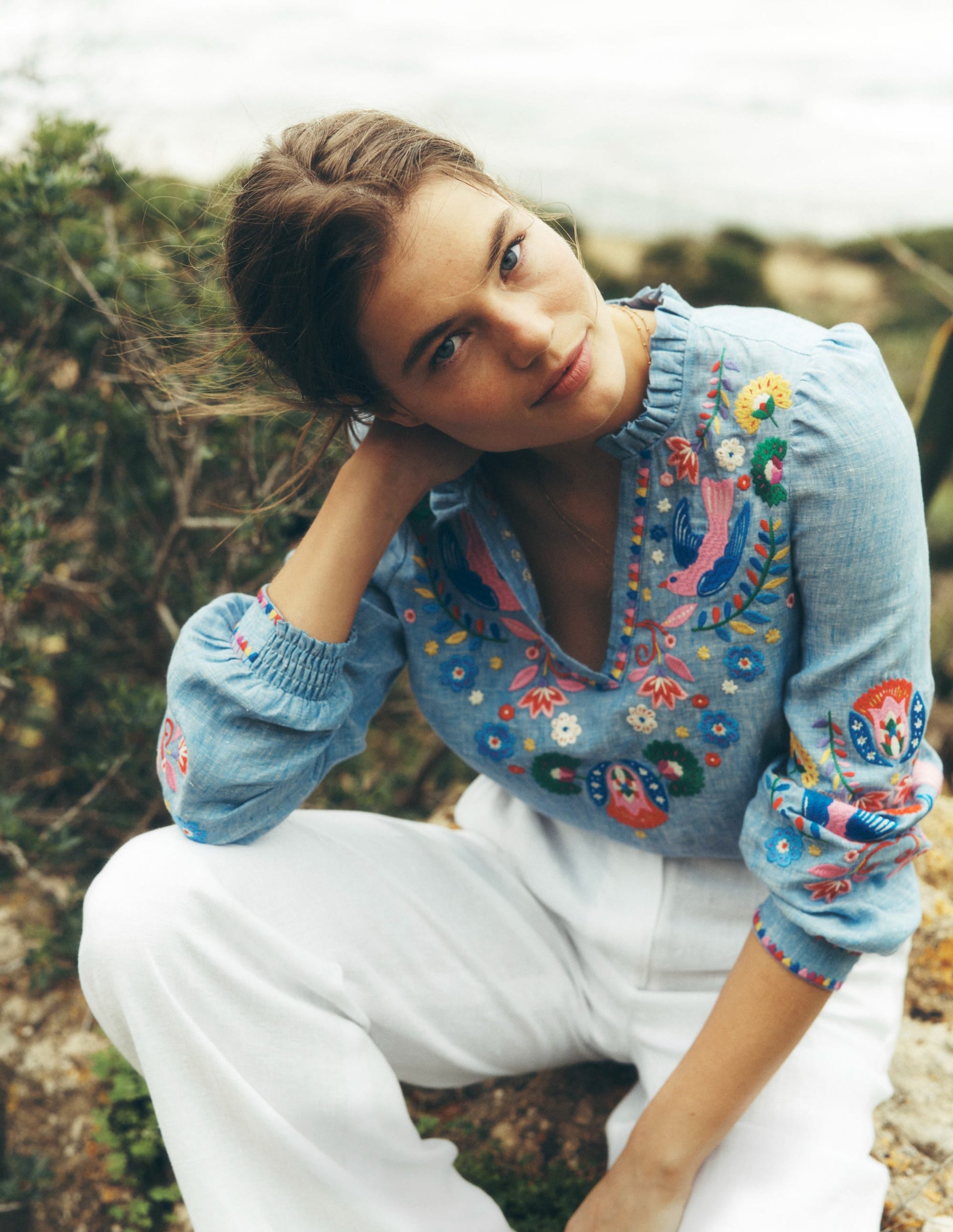 Grace Linen Top-Chambray, Embroidered Birds-1