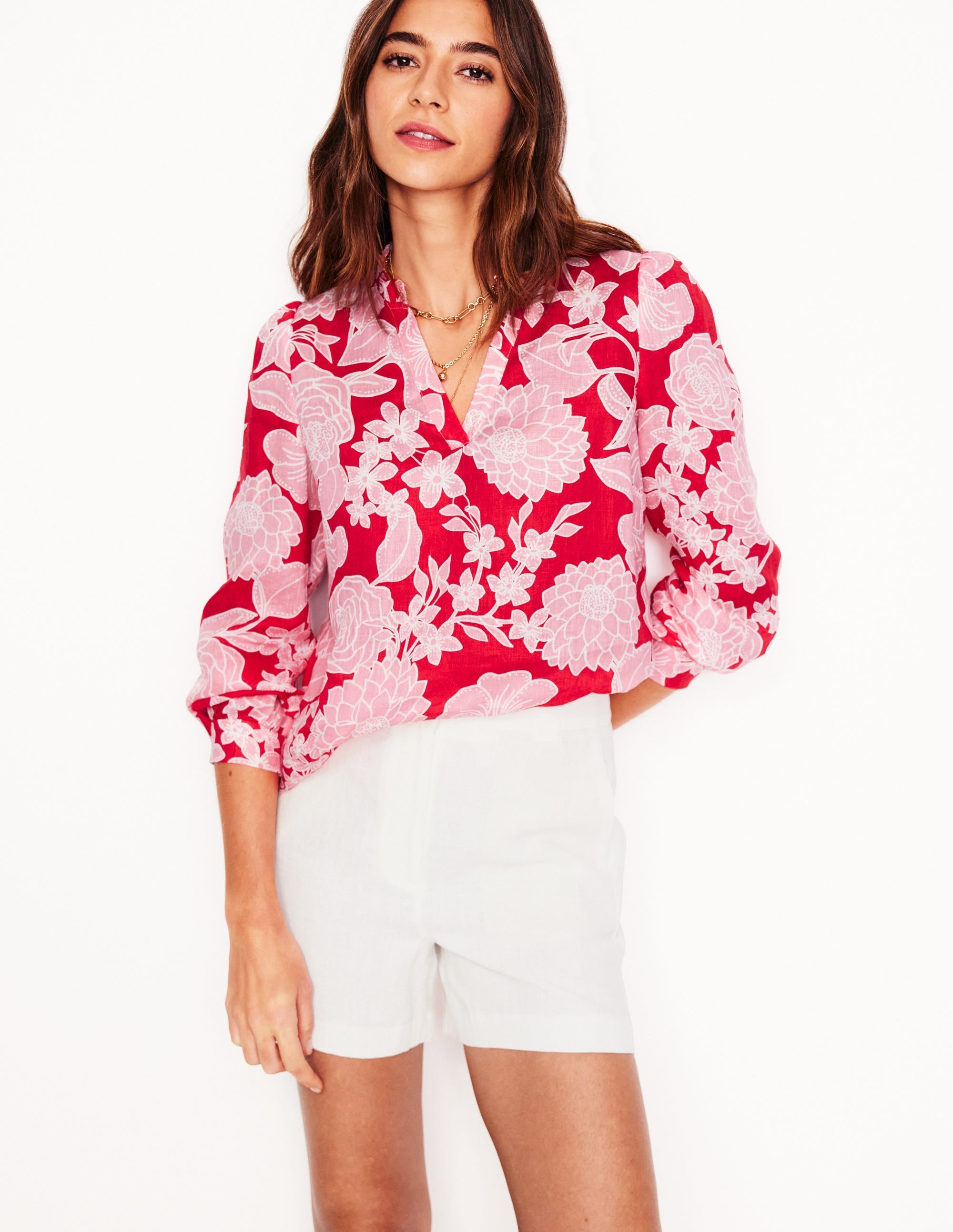 Grace Linen Top-Poppy Red, Blossom Cascade - Image 1