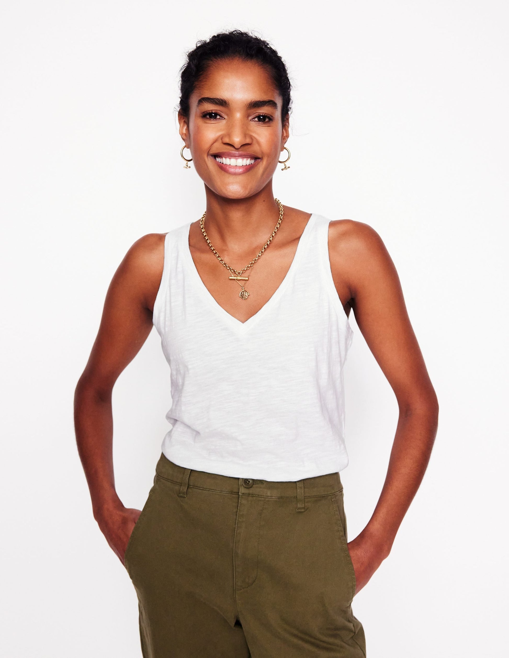 Regular V-Neck Slub Vest-White-1