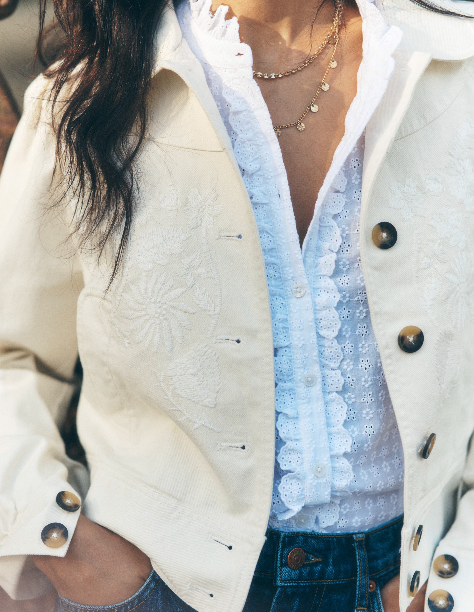 Collared Embroidered Jacket-Ivory, Embroidery - Image 1