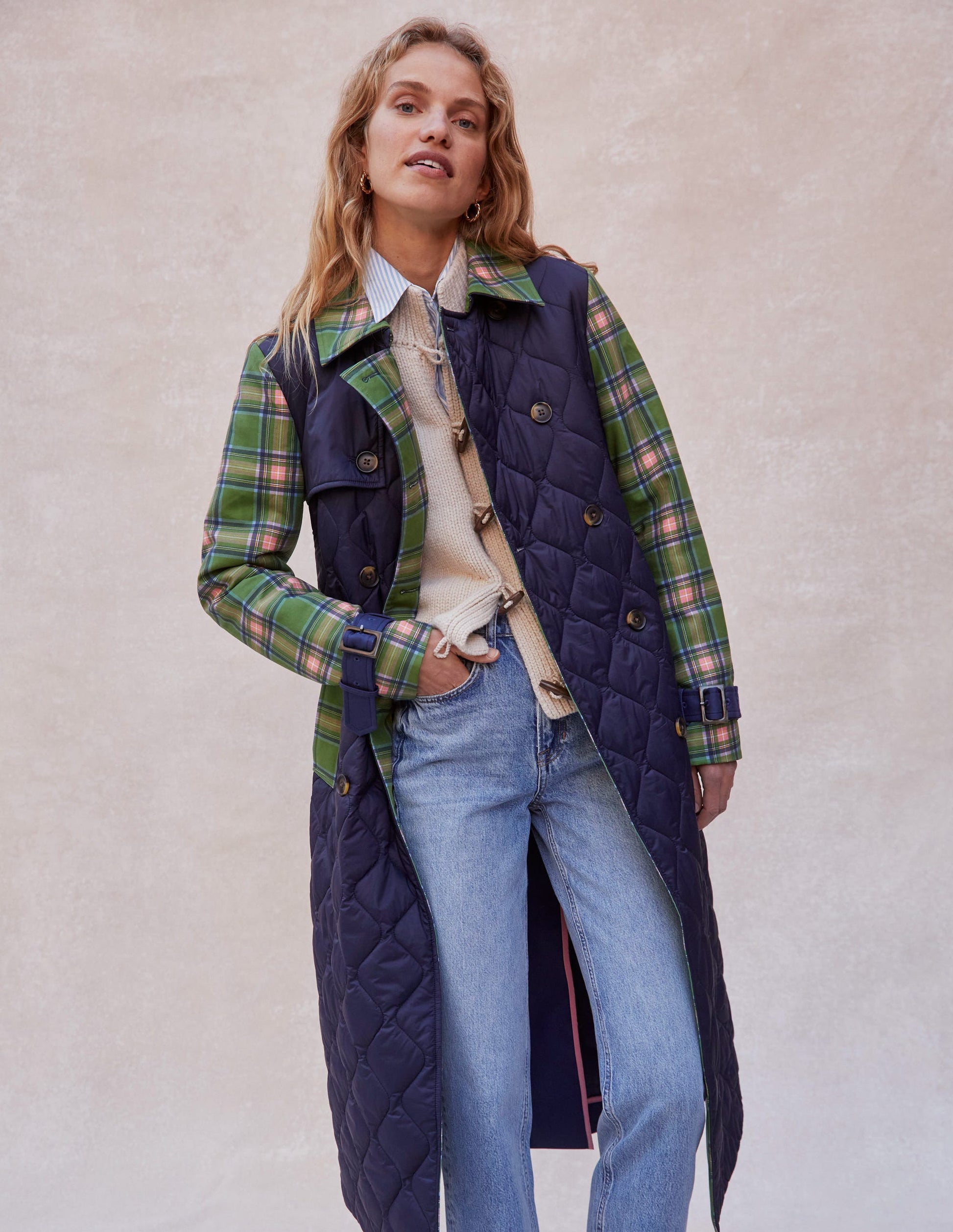 Quilted Trench Coat-Navy-2