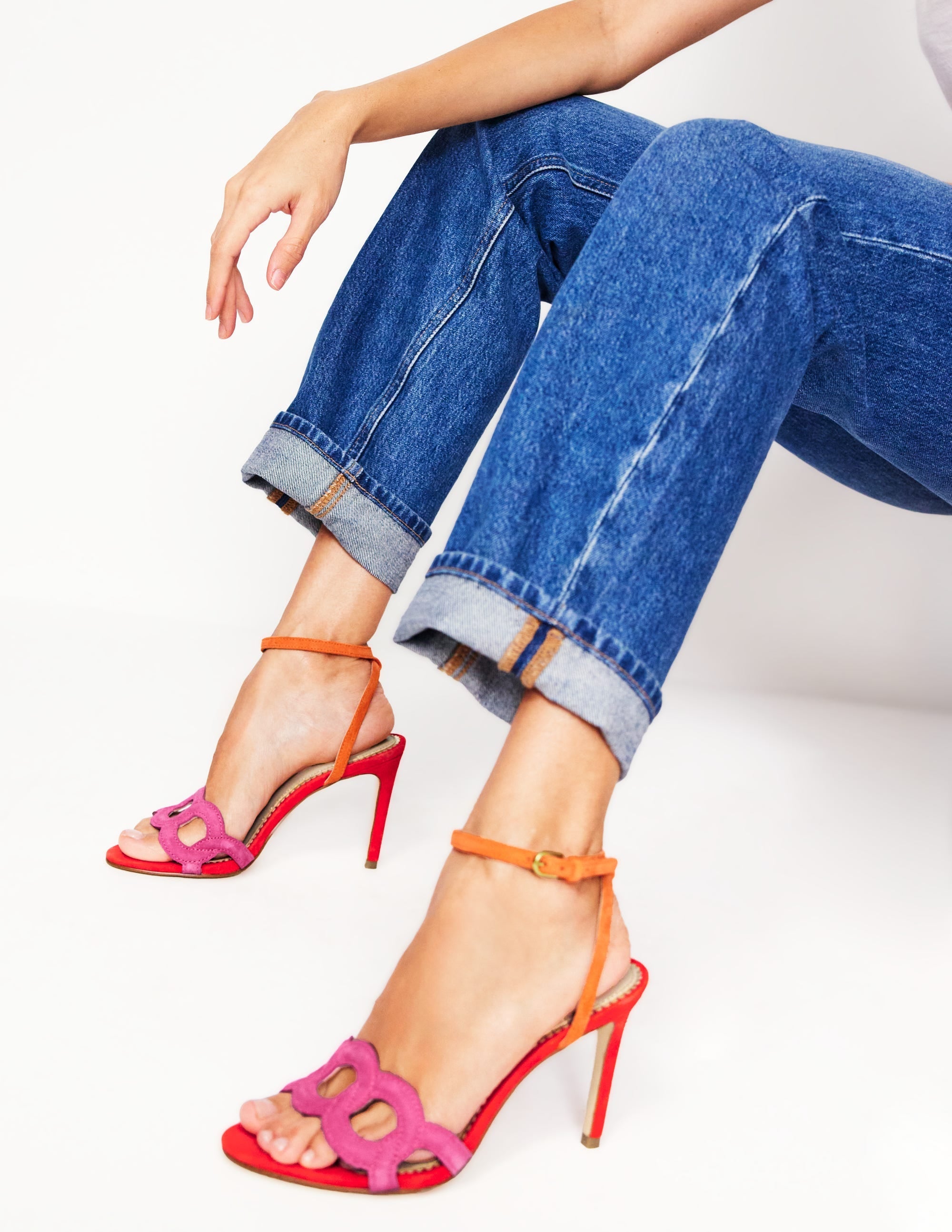 Circle Detail Heeled Sandal-Post Box Red/Sorbet Pink - Image 2