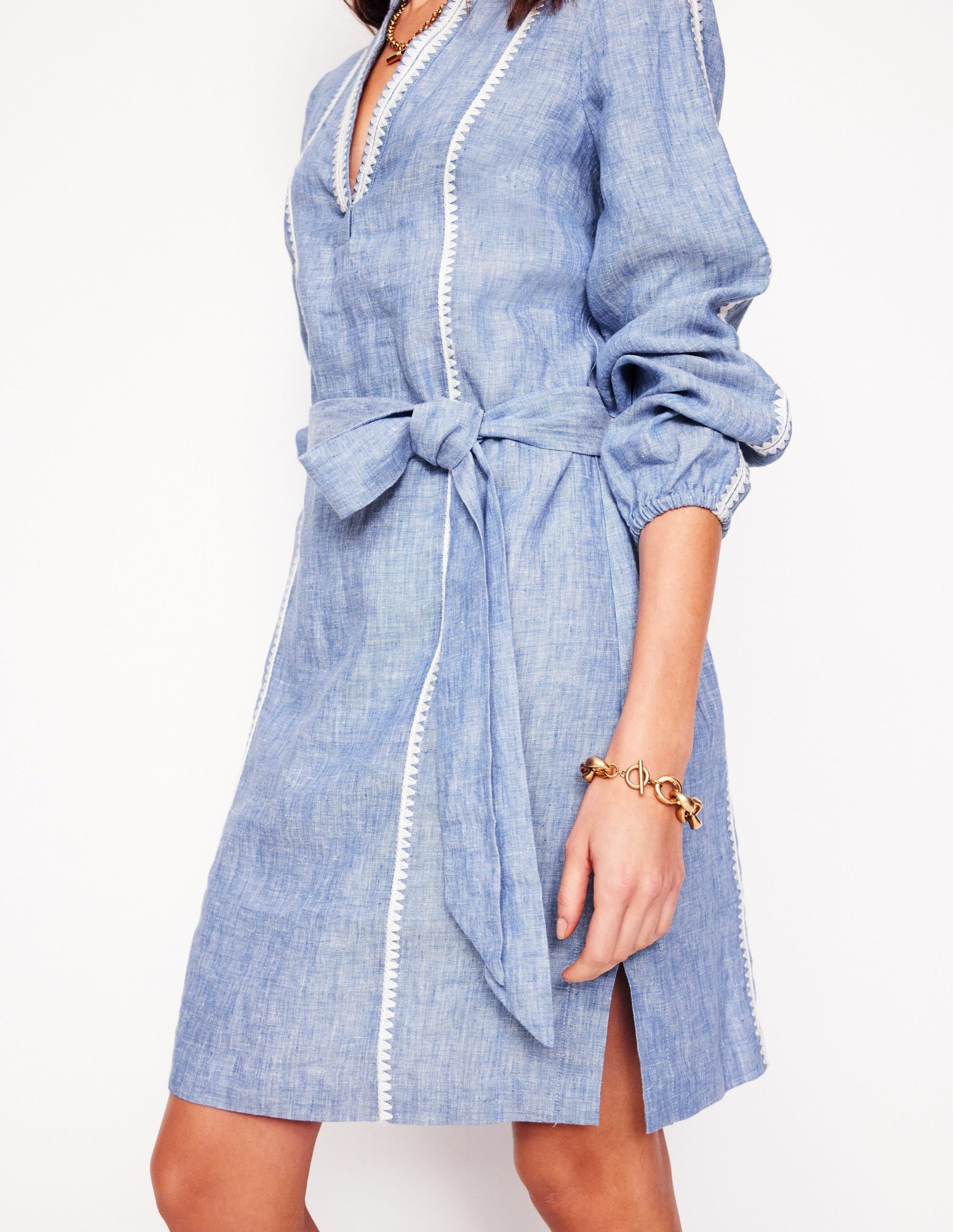 Cleo Linen Tie Waist Dress-Chambray Embroidery-2