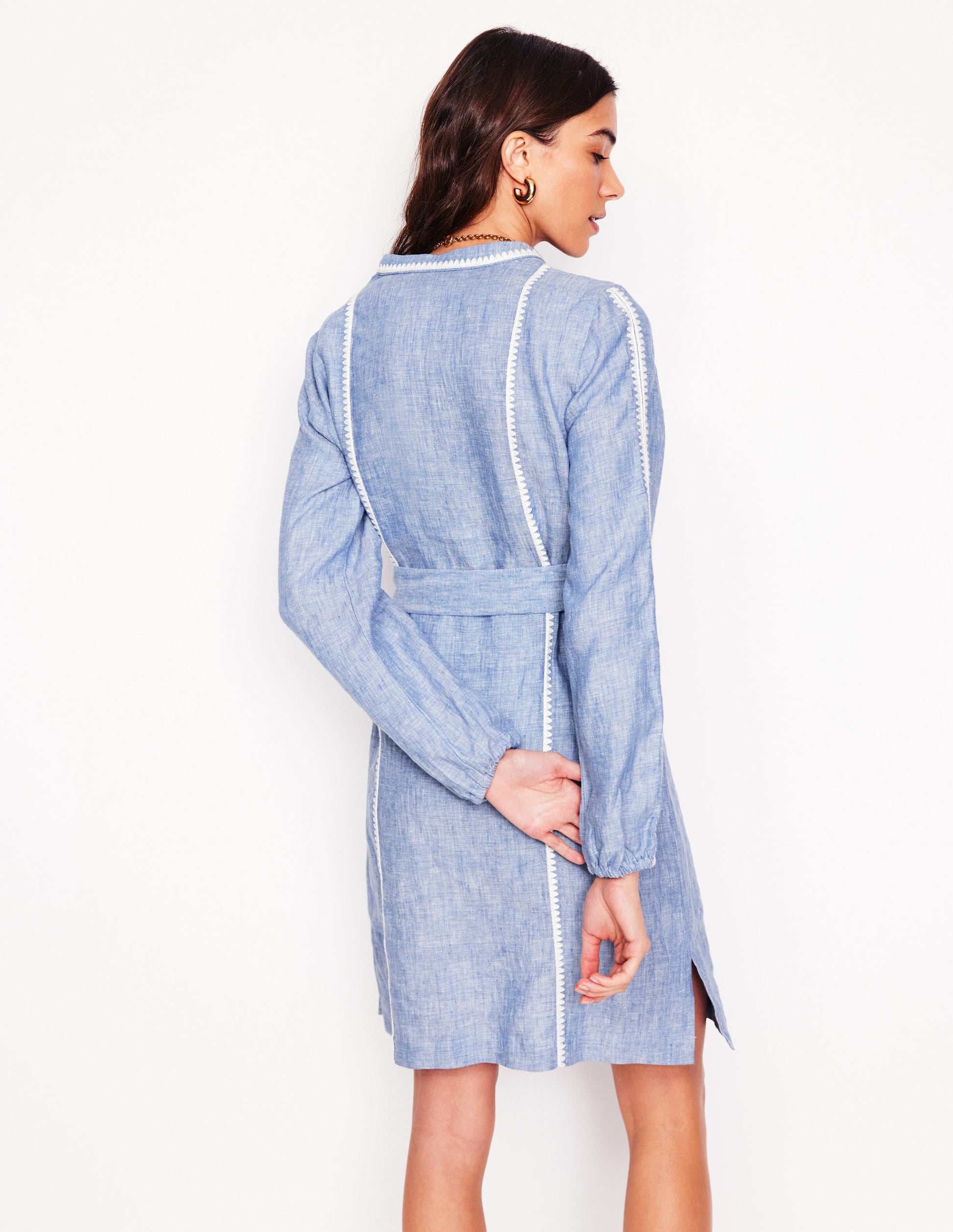 Cleo Linen Tie Waist Dress-Chambray Embroidery-3