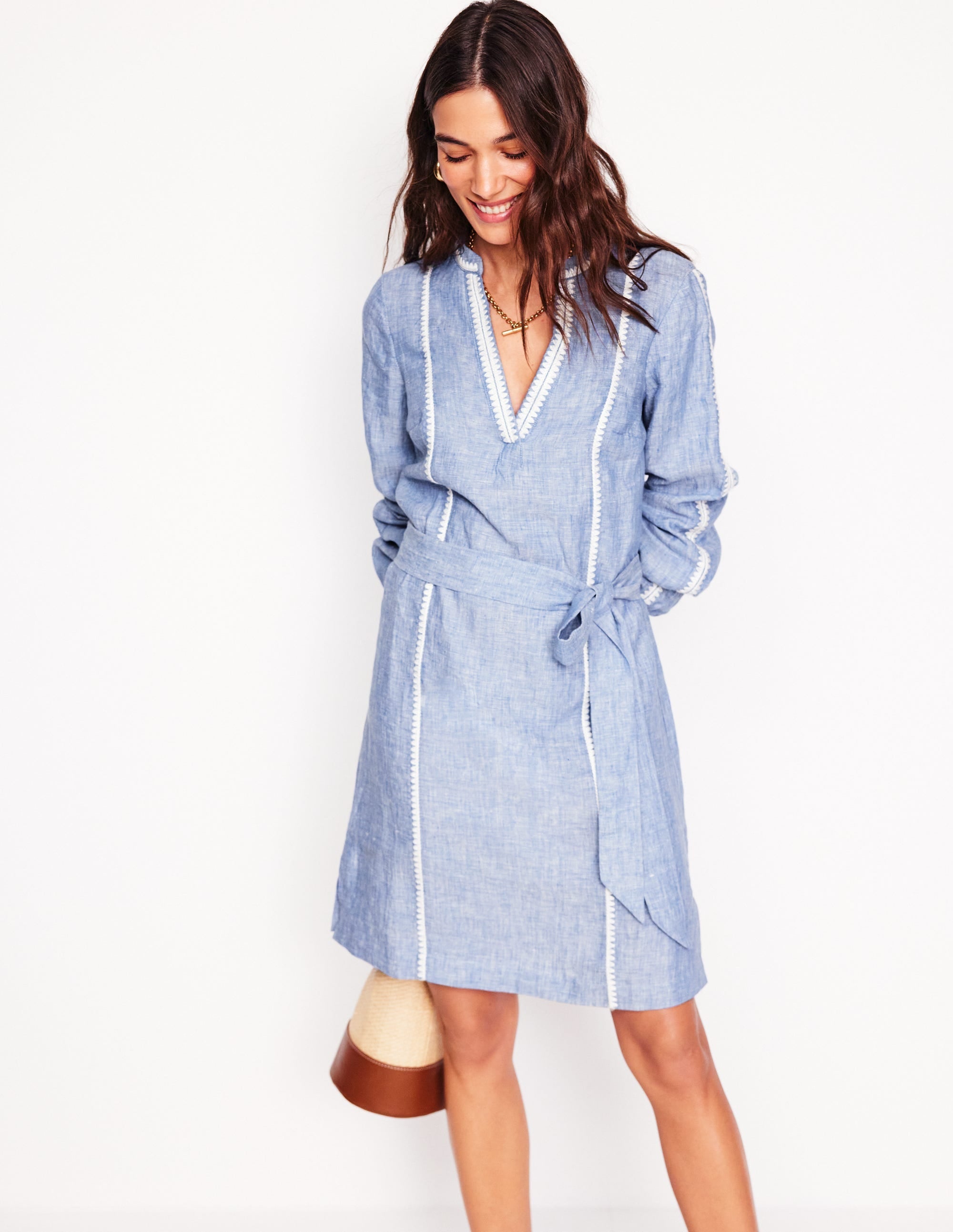 Cleo Linen Tie Waist Dress-Chambray Embroidery - Image 4