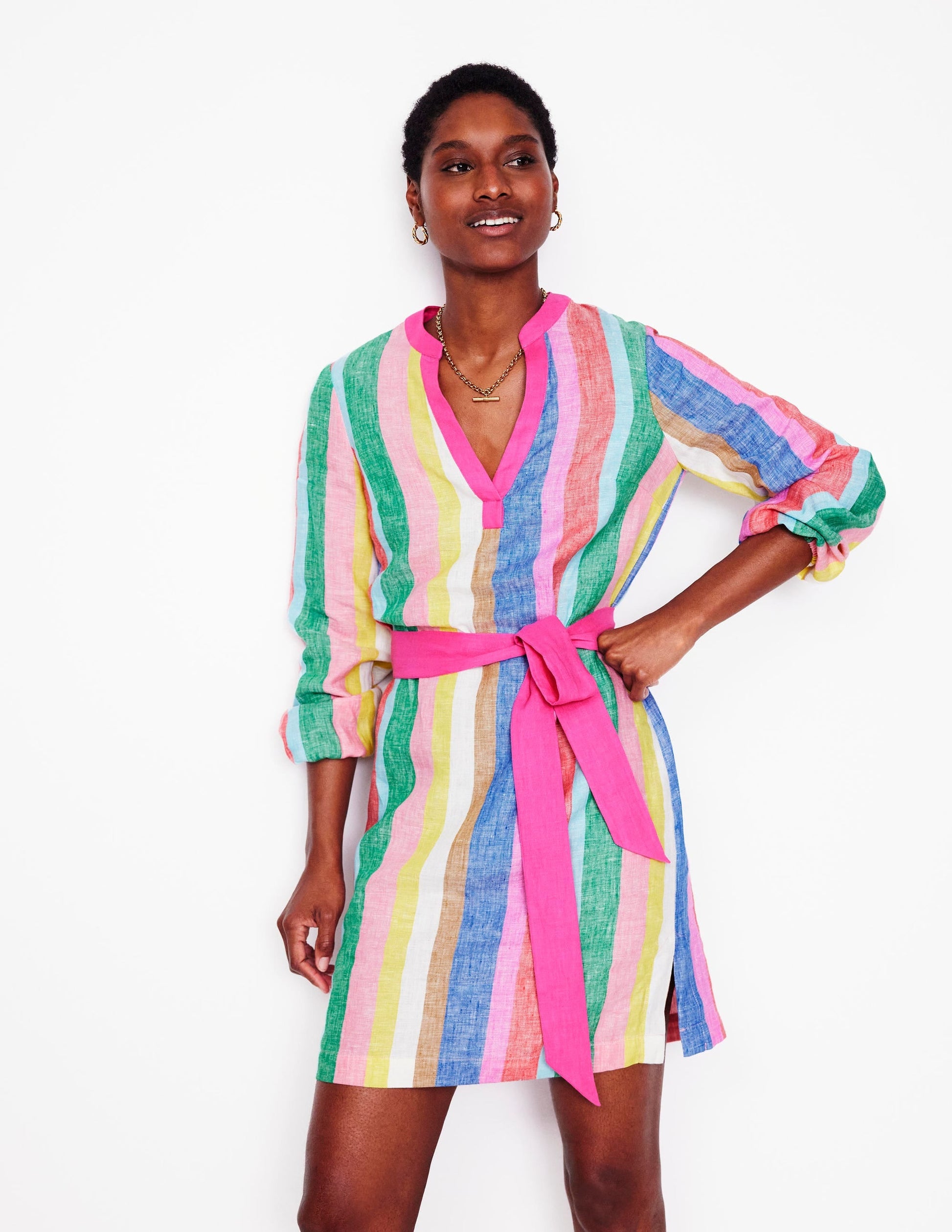 Cleo Linen Tie Waist Dress-Bright Rainbow Stripe-1