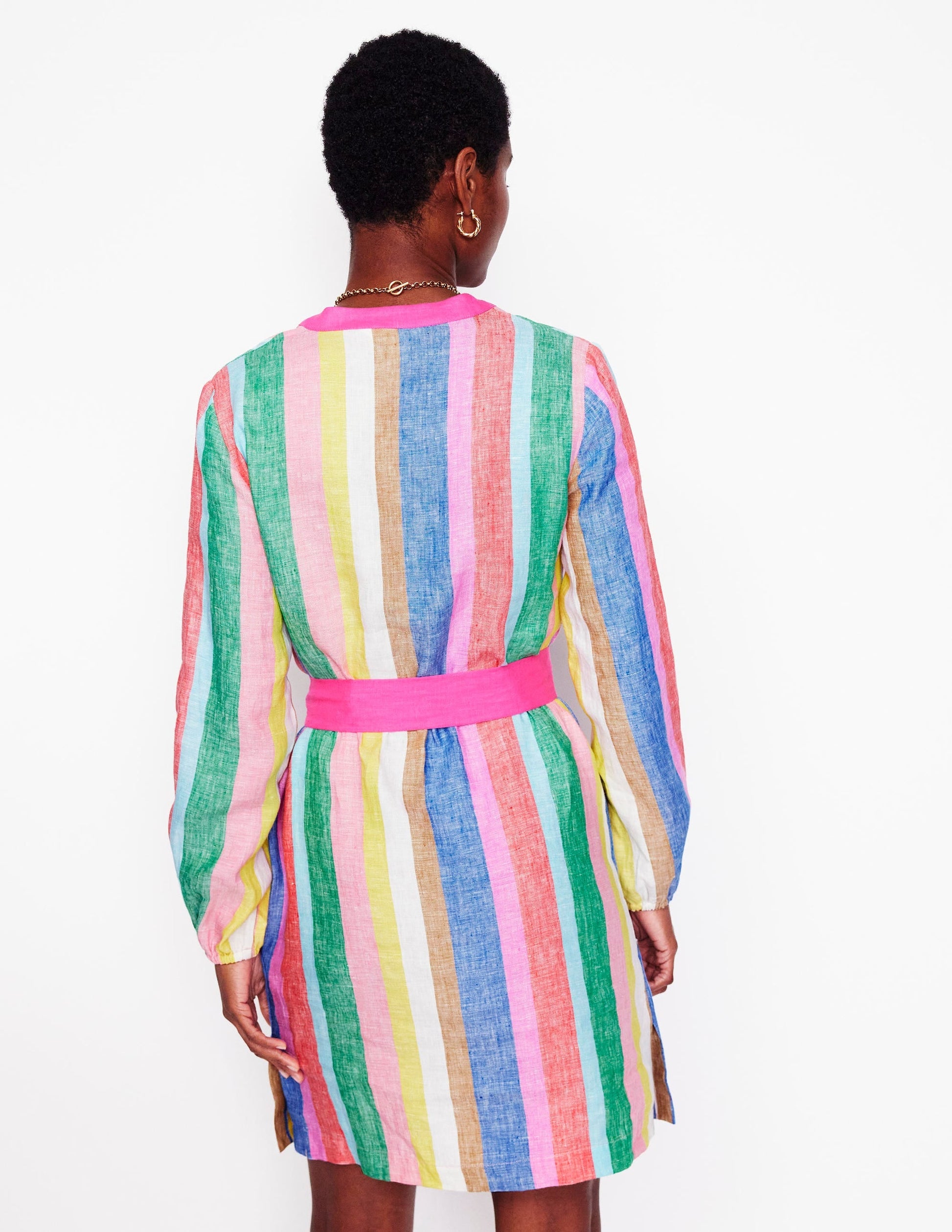 Cleo Linen Tie Waist Dress-Bright Rainbow Stripe-4