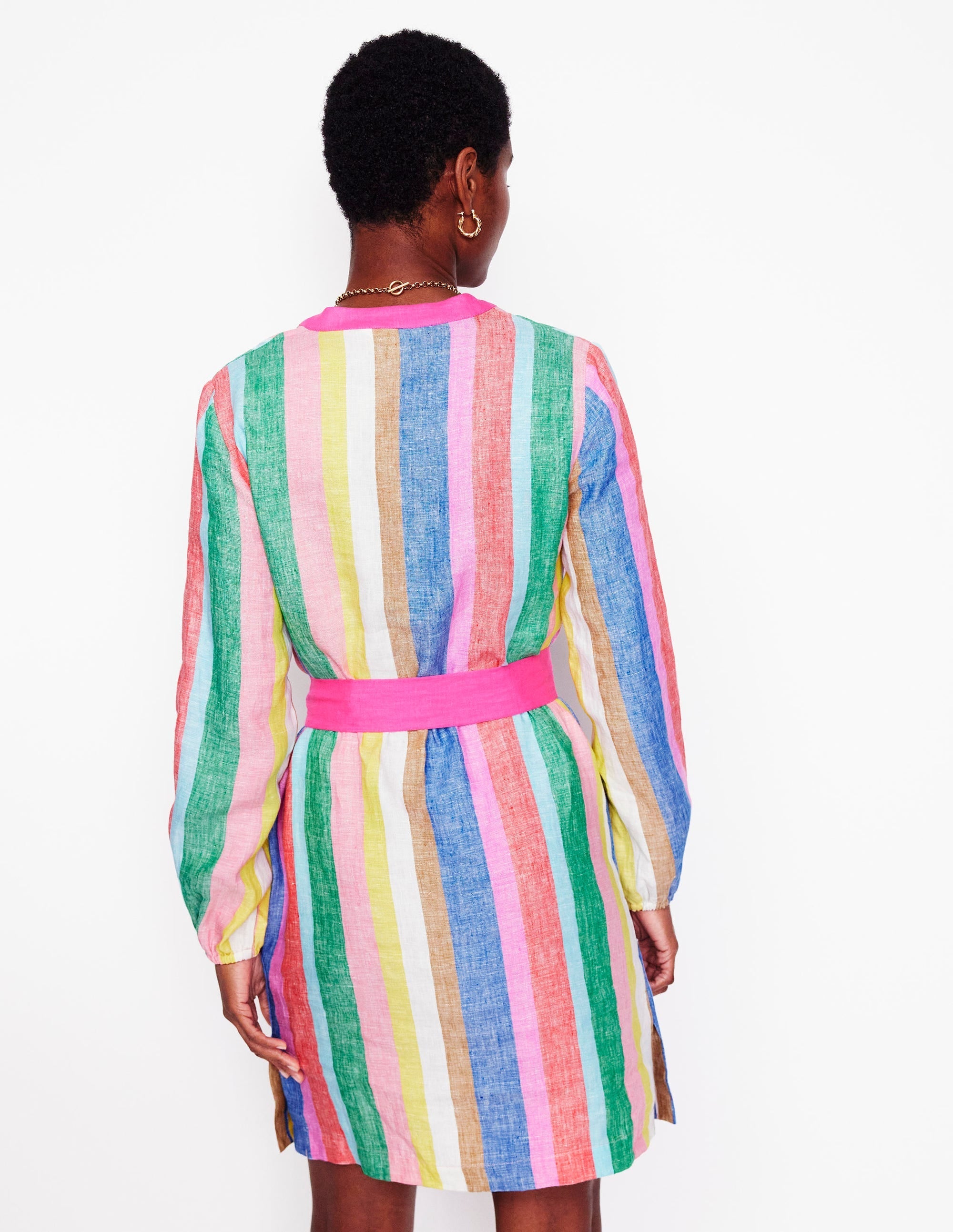 Cleo Linen Tie Waist Dress-Bright Rainbow Stripe - Image 4