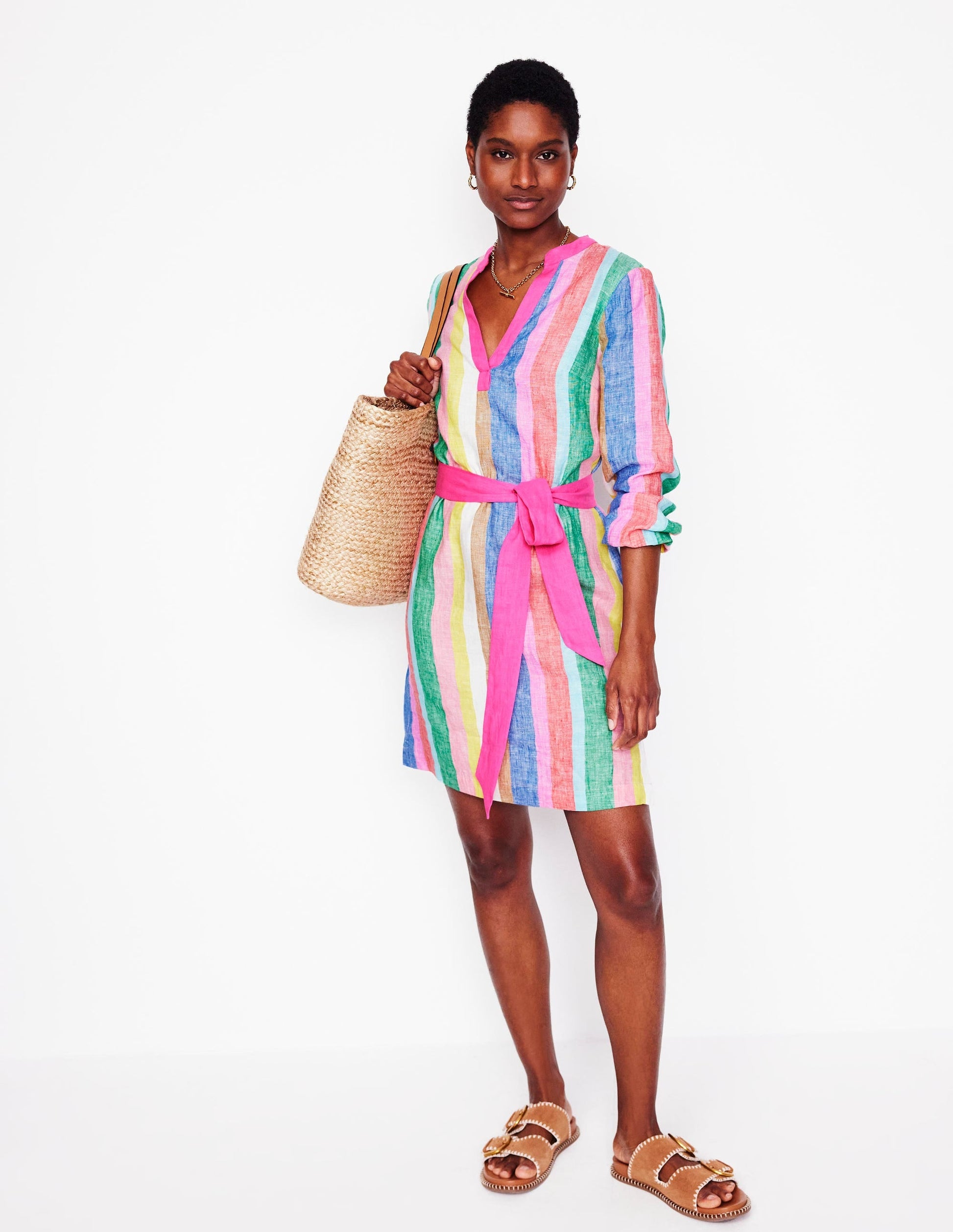 Cleo Linen Tie Waist Dress-Bright Rainbow Stripe-3