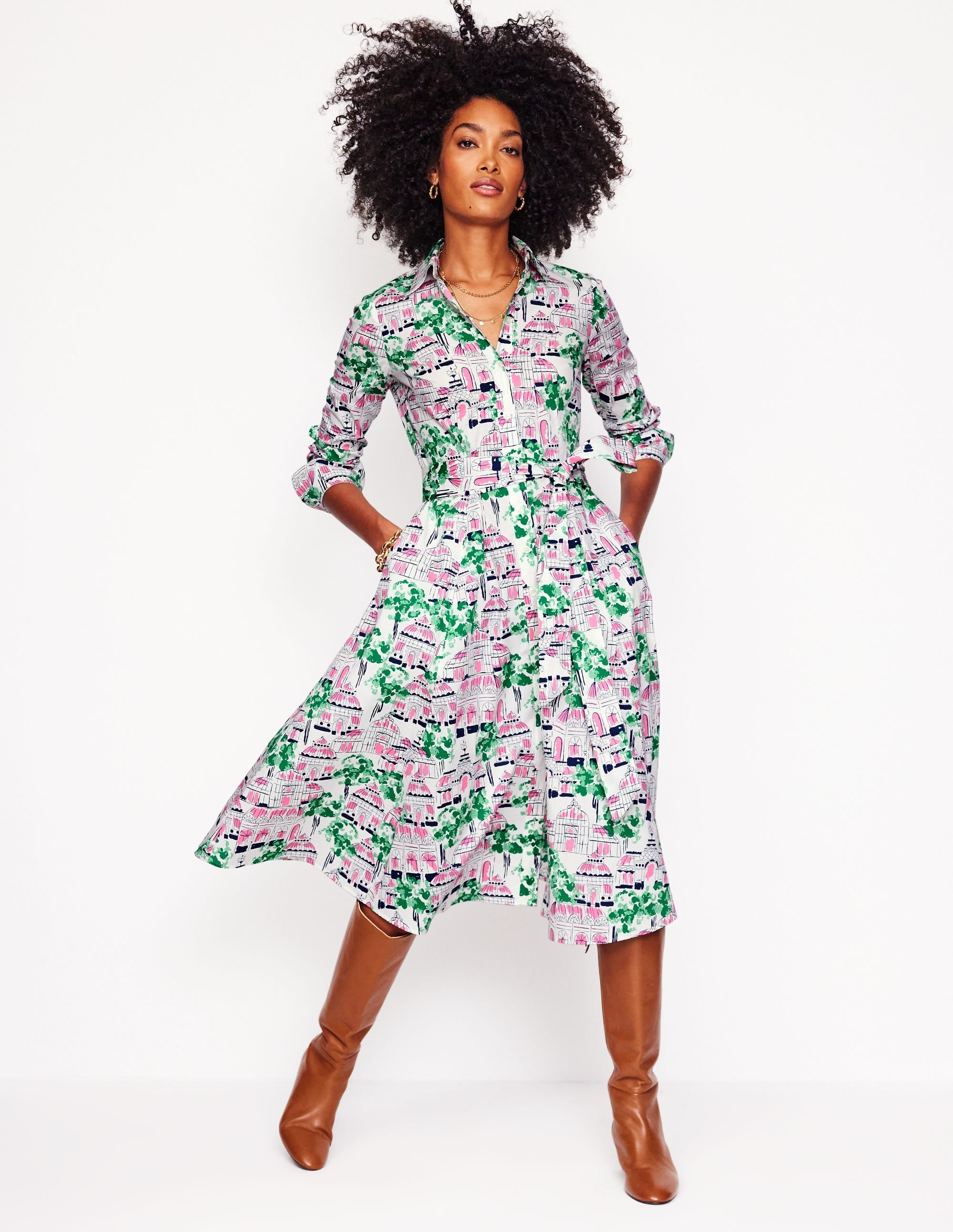 Amy Cotton Midi Shirt Dress-Ivory, Botanical Greenhouse - Image 4