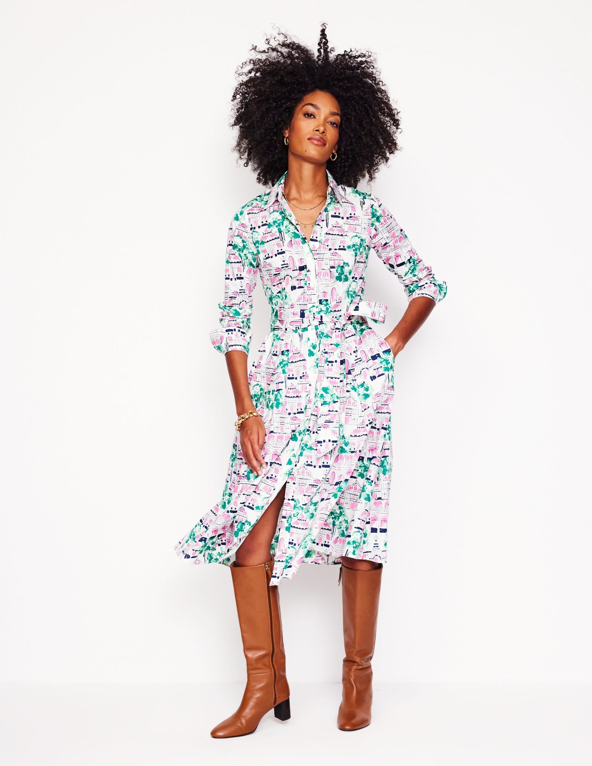 Amy Cotton Midi Shirt Dress-Ivory, Botanical Greenhouse-5