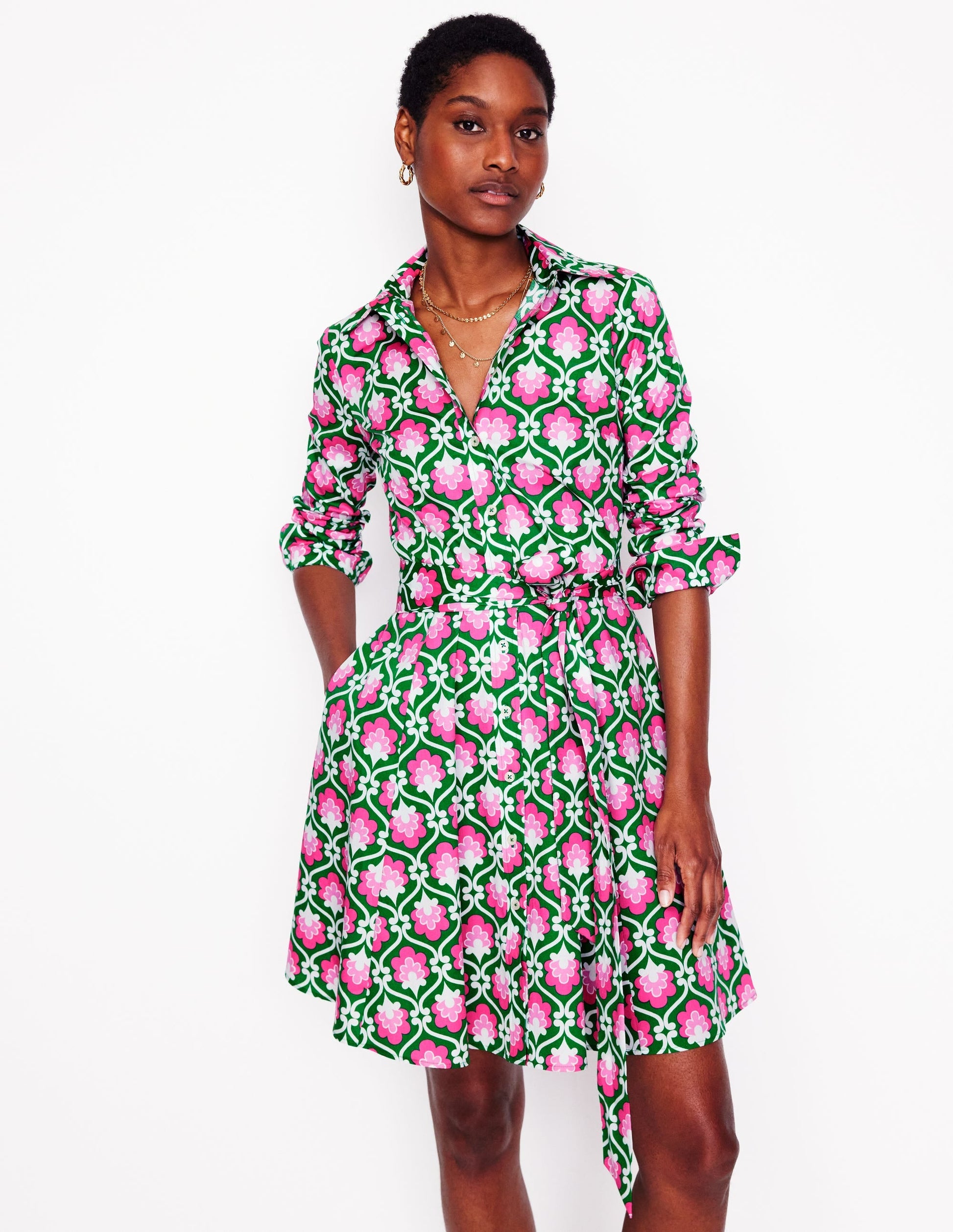 Amy Cotton Short Shirt Dress-Rich Emerald, Ivy Trellis-1