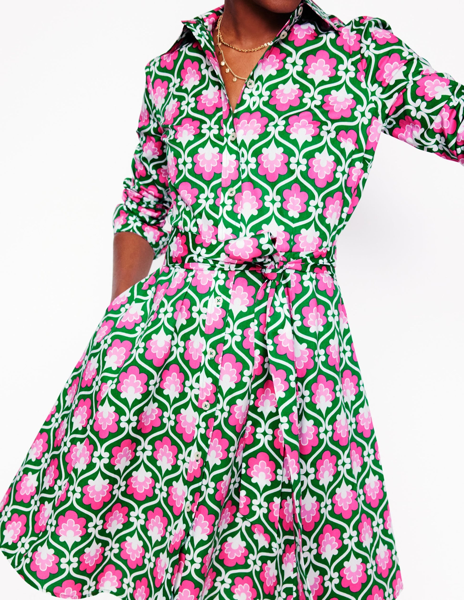 Amy Cotton Short Shirt Dress-Rich Emerald, Ivy Trellis-2