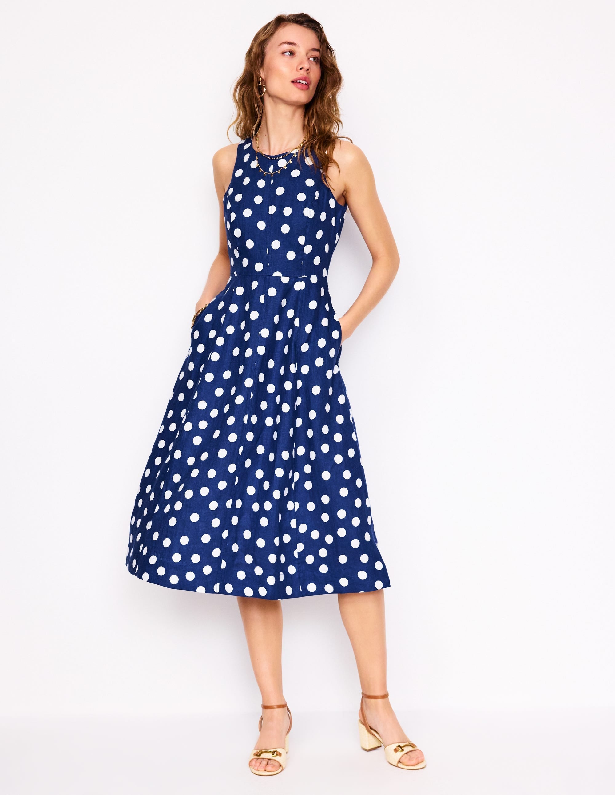 Carla Linen Midi Dress-Starboard Blue, Painted Dot - Image 4