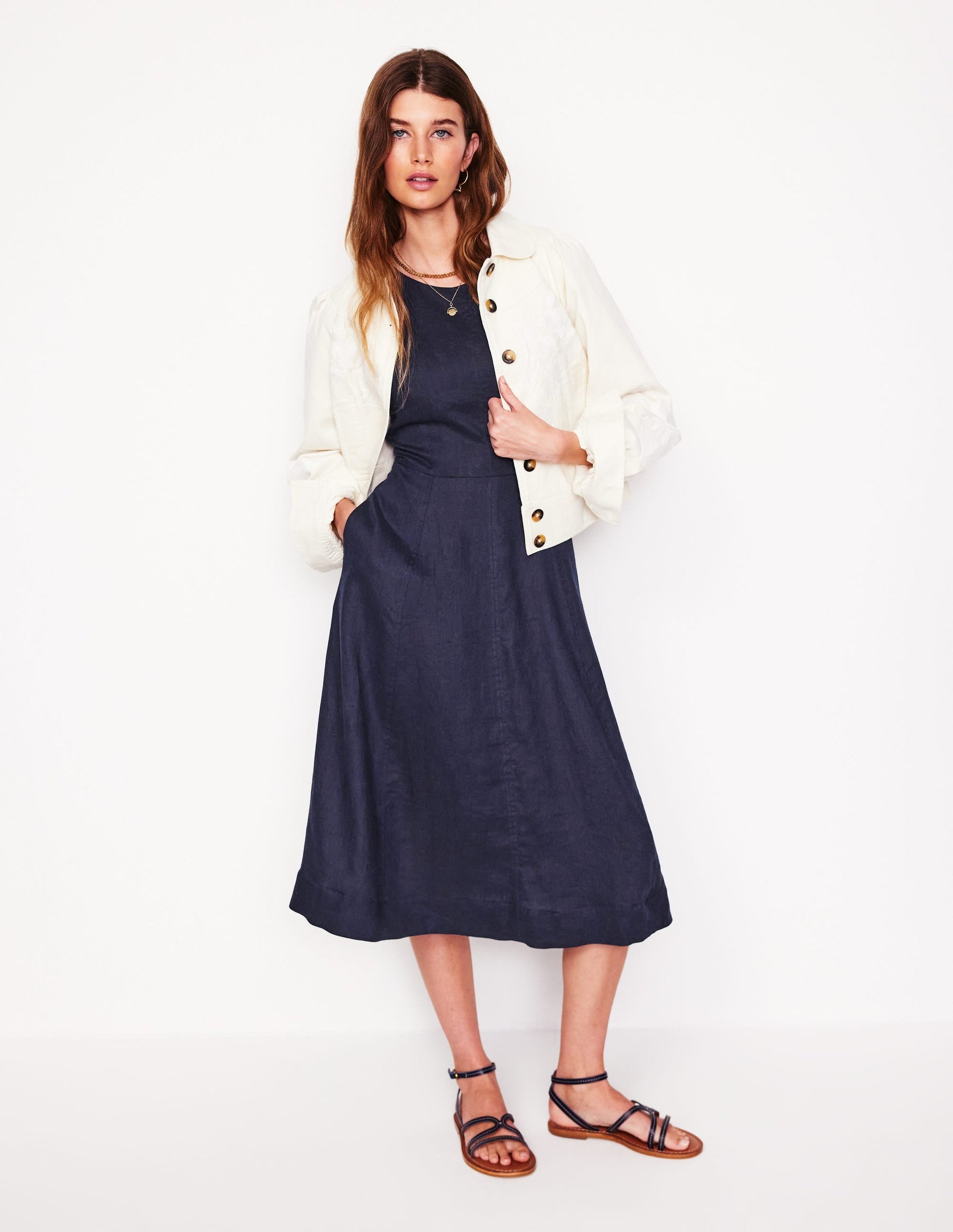 Carla Linen Midi Dress-Navy-5