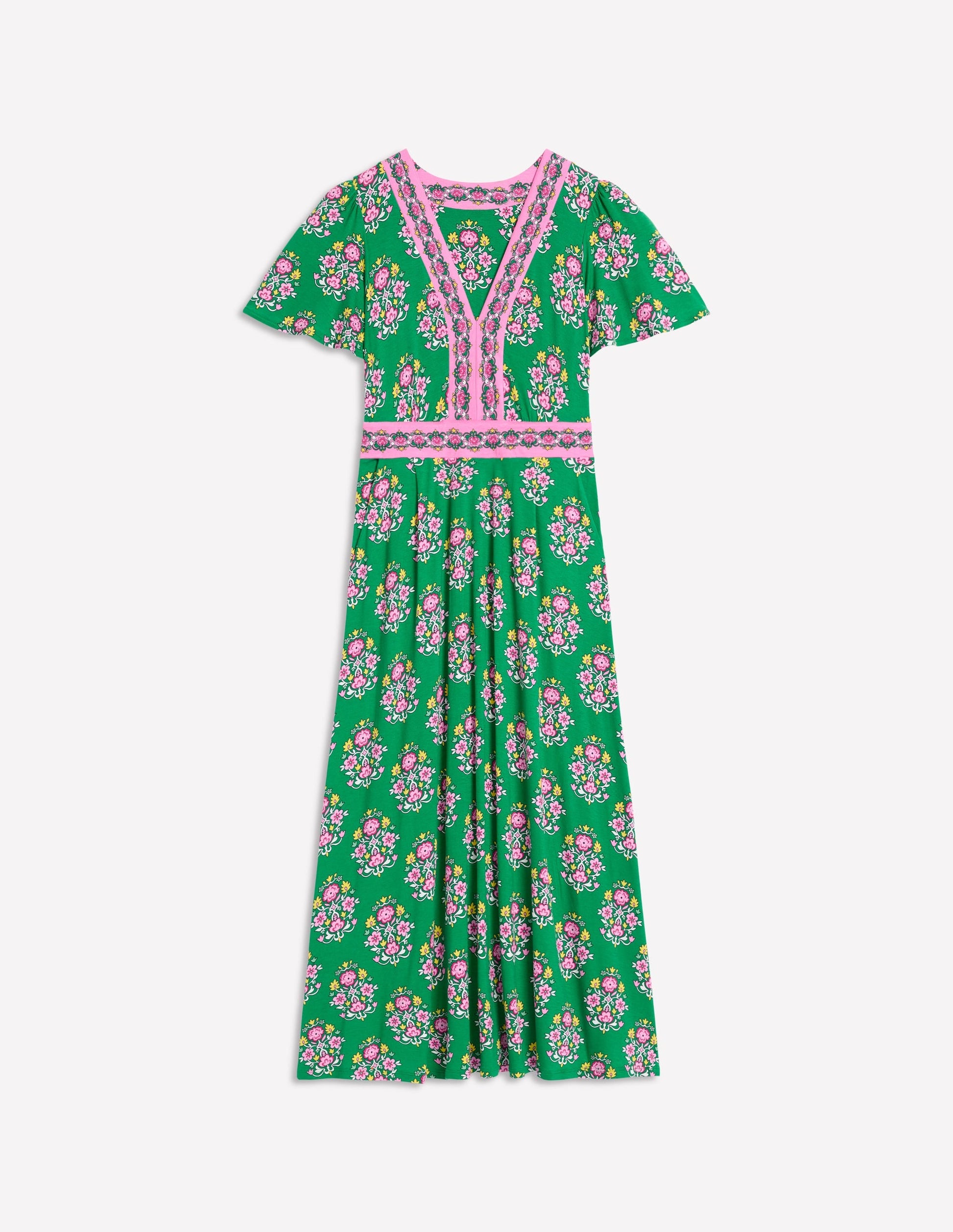 Ellie Flutter Maxi Tea Dress-Rich Emerald, Wildflower Stamp-6