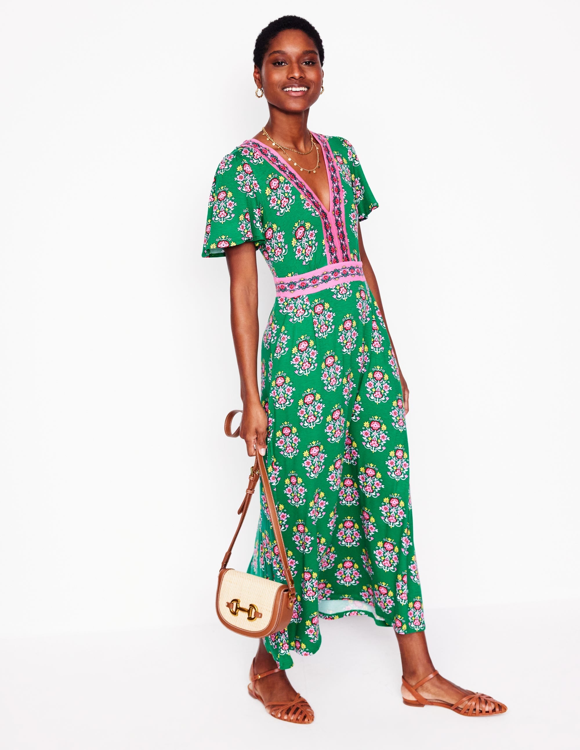 Ellie Flutter Maxi Tea Dress-Rich Emerald, Wildflower Stamp - Image 2