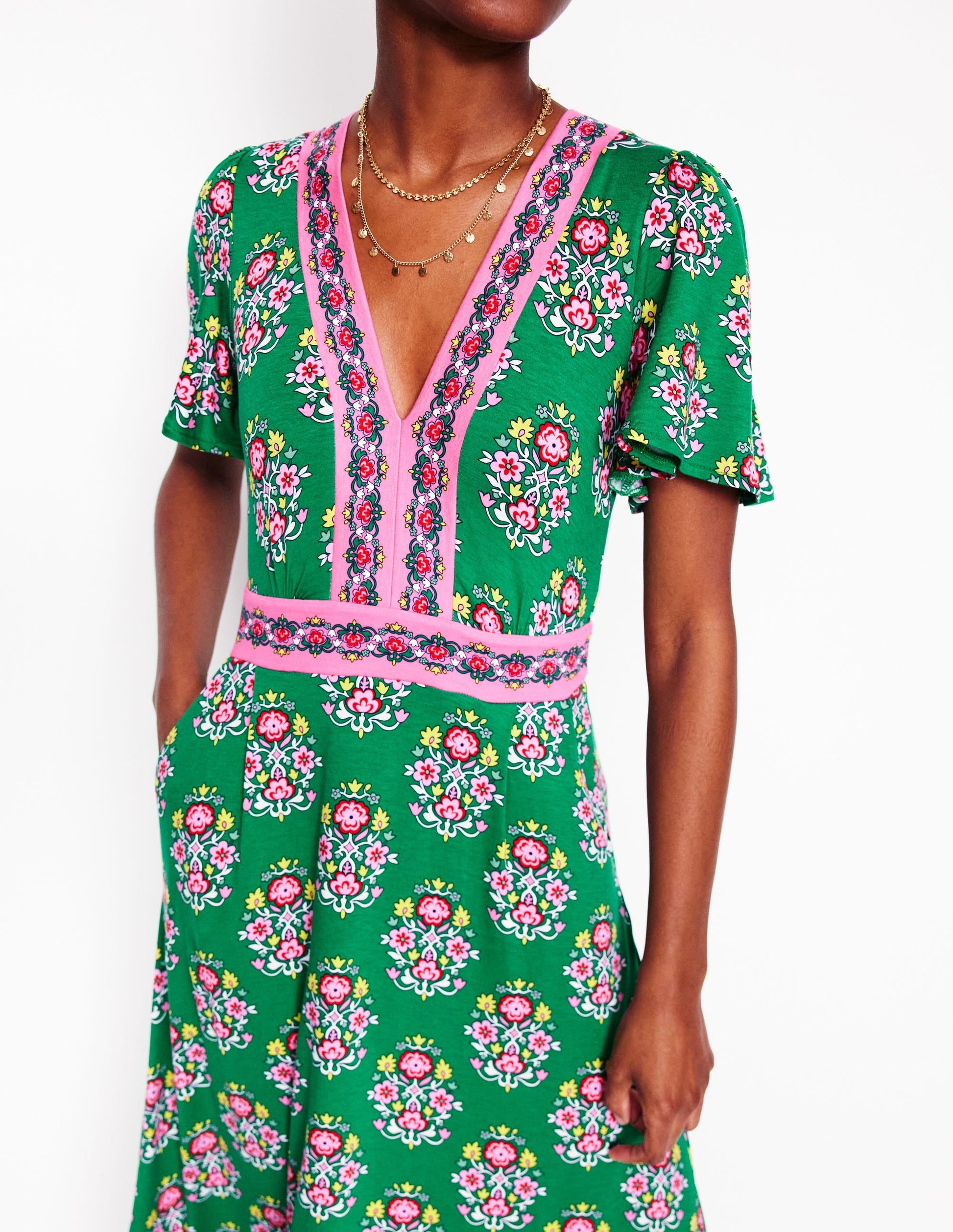 Ellie Flutter Maxi Tea Dress-Rich Emerald, Wildflower Stamp-3