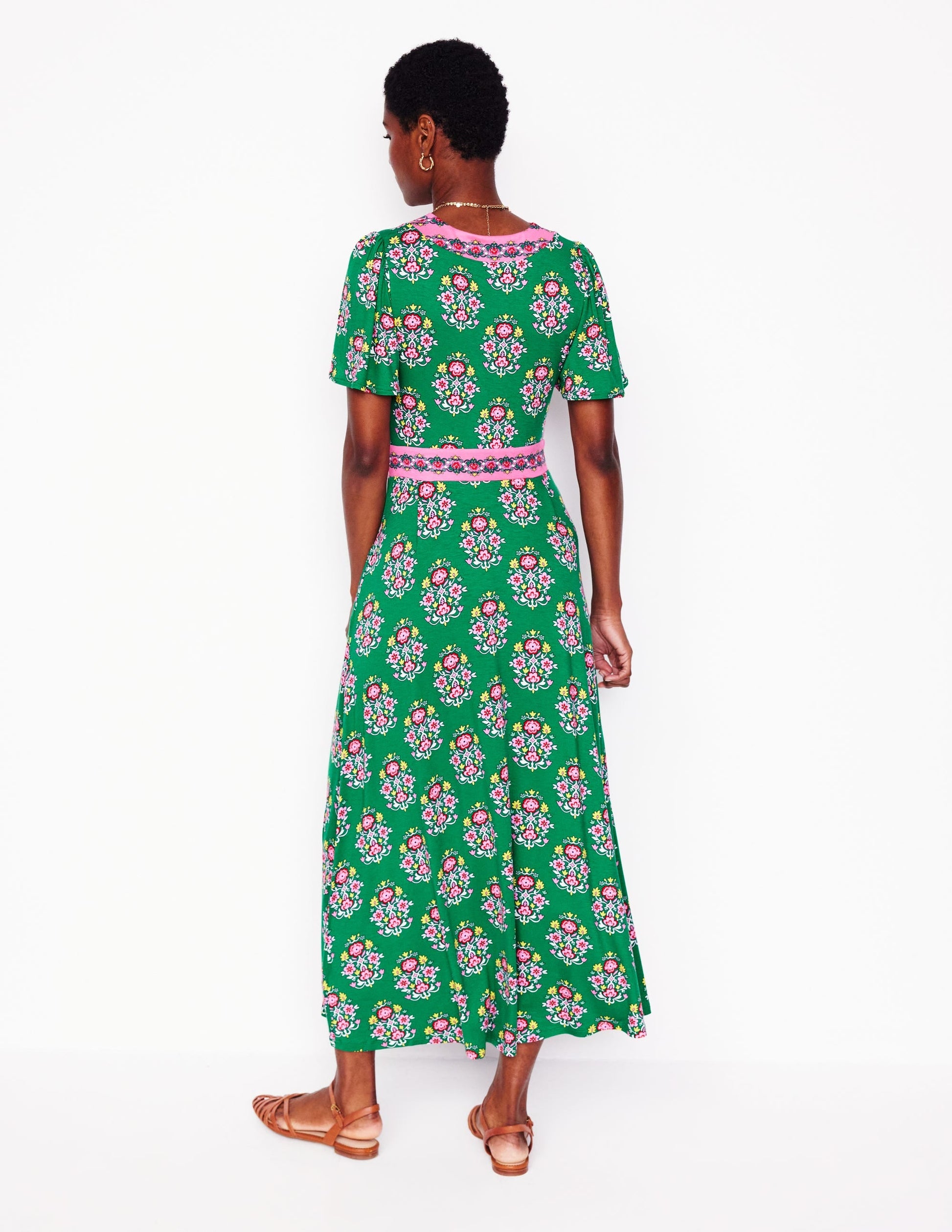 Ellie Flutter Maxi Tea Dress-Rich Emerald, Wildflower Stamp-4