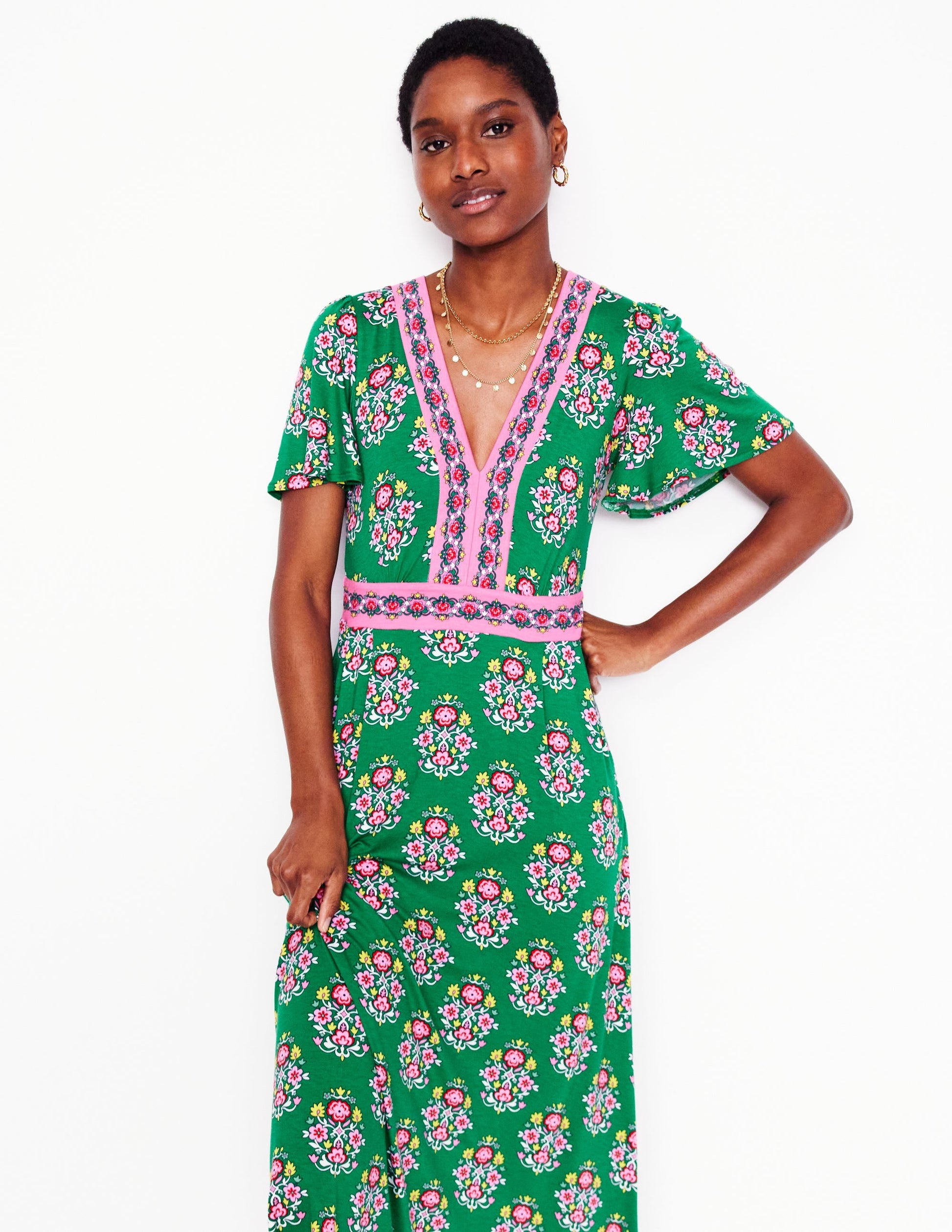 Ellie Flutter Maxi Tea Dress-Rich Emerald, Wildflower Stamp-5