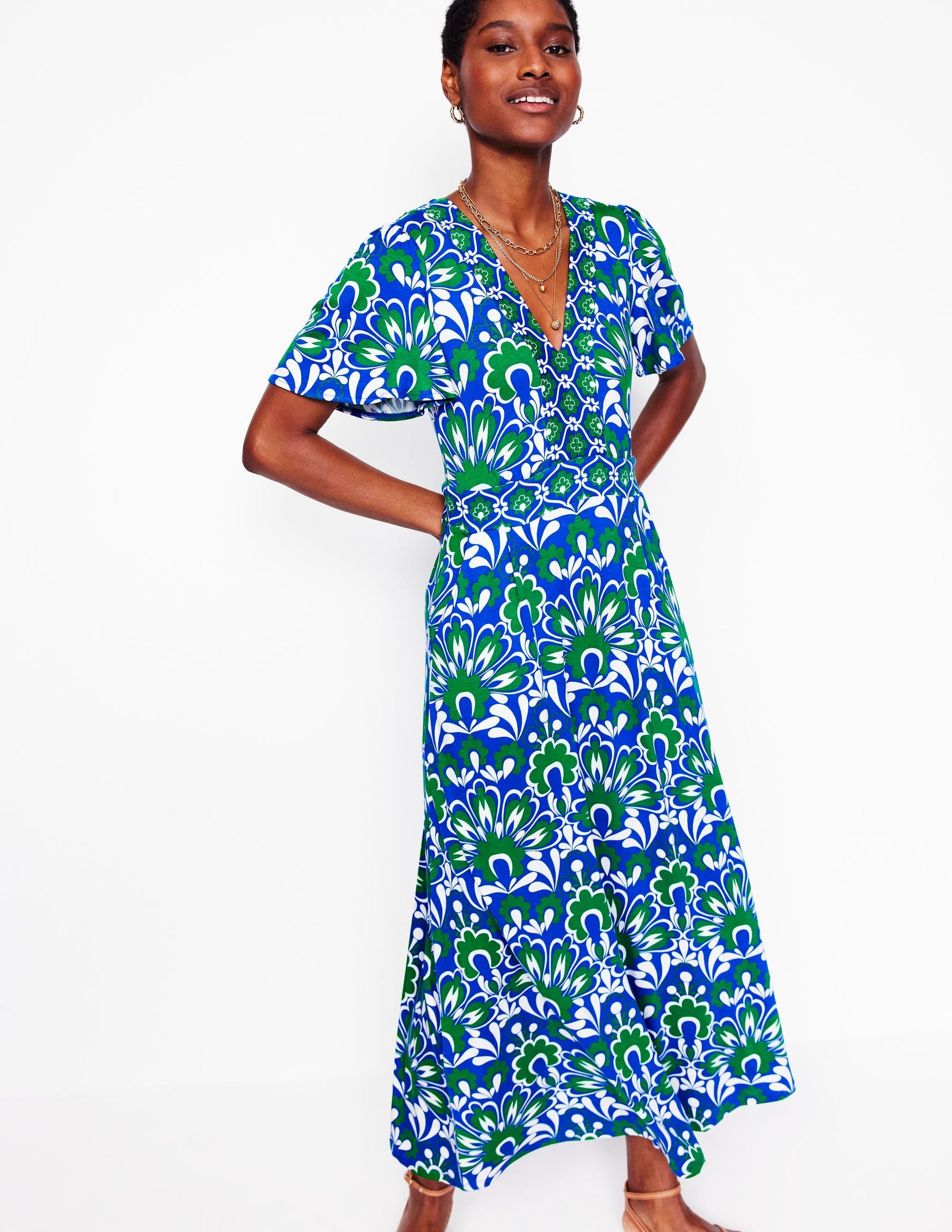 Ellie Flutter Maxi Tea Dress-Blue, Decorative Dandelion-1