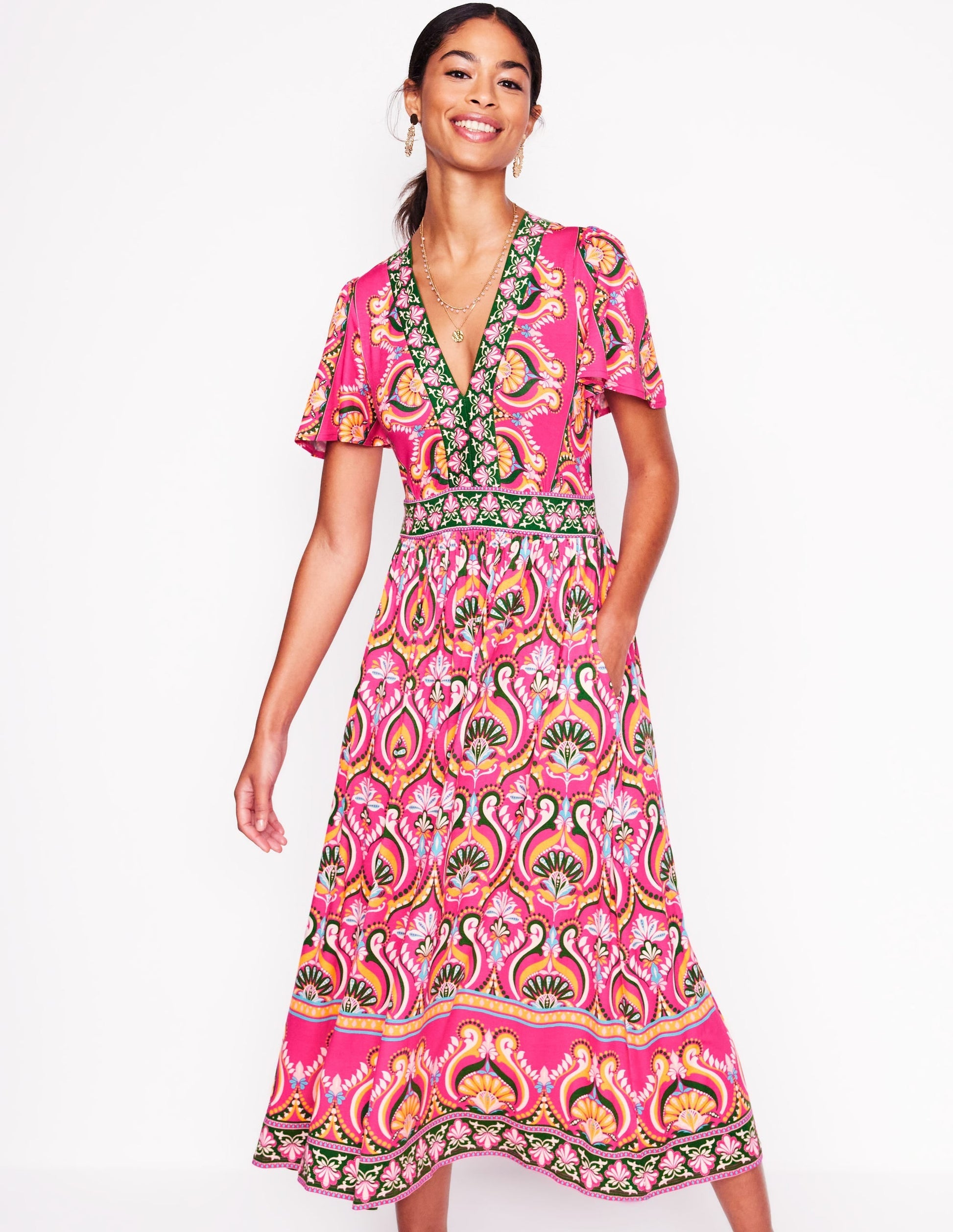 Ellie Flutter Maxi Tea Dress-Pink Peony, Ornamental Floral-1