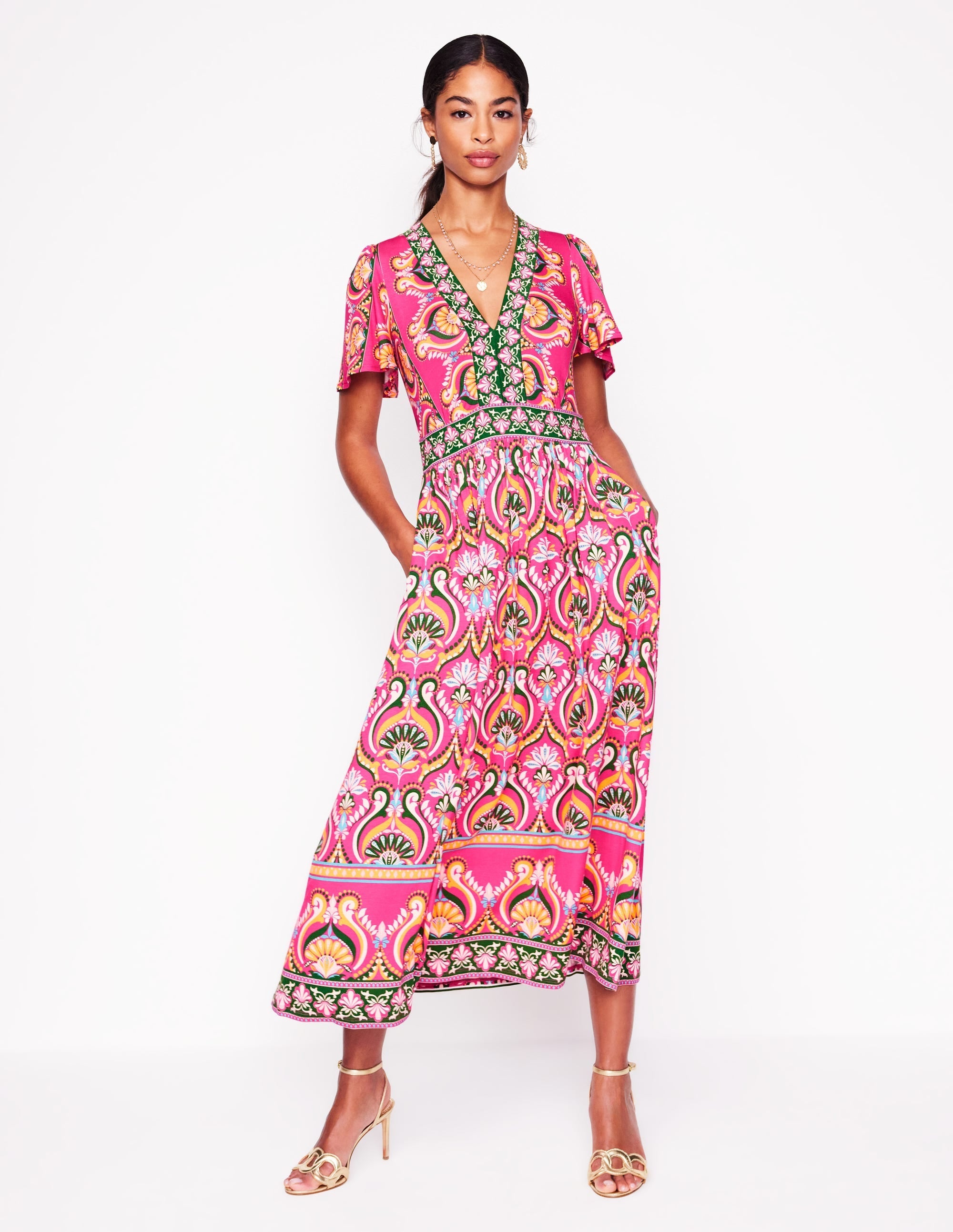 Ellie Flutter Maxi Tea Dress-Pink Peony, Ornamental Floral - Image 4