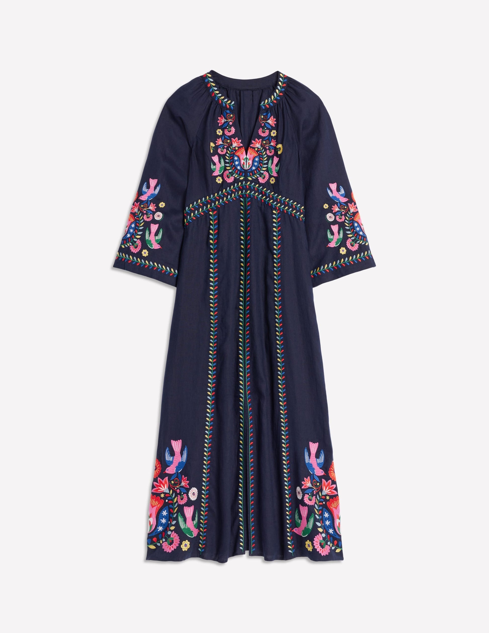 Una Linen Embroidered Dress-Navy, Multi Embroidery-7