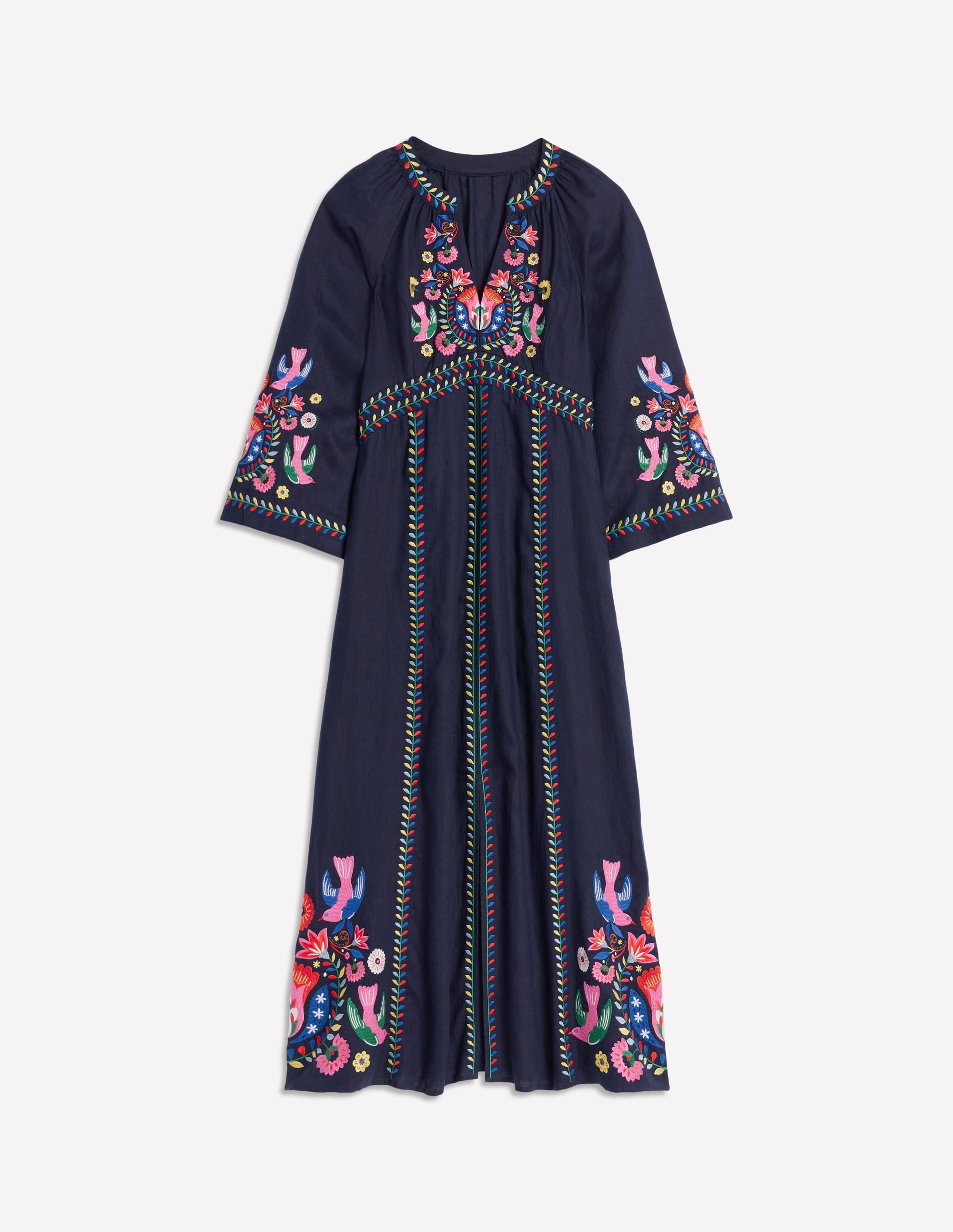 Una Linen Embroidered Dress-Navy, Multi Embroidery - Image 7