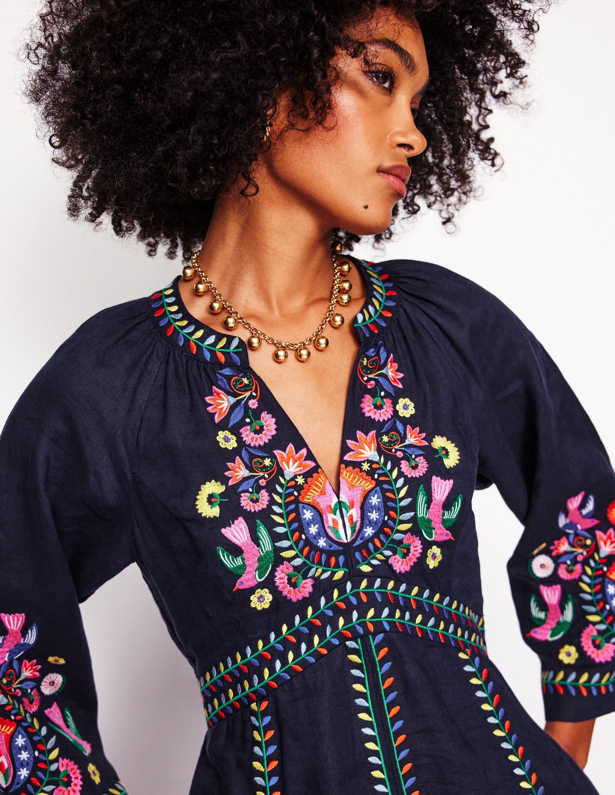 Una Linen Embroidered Dress-Navy, Multi Embroidery - Image 2