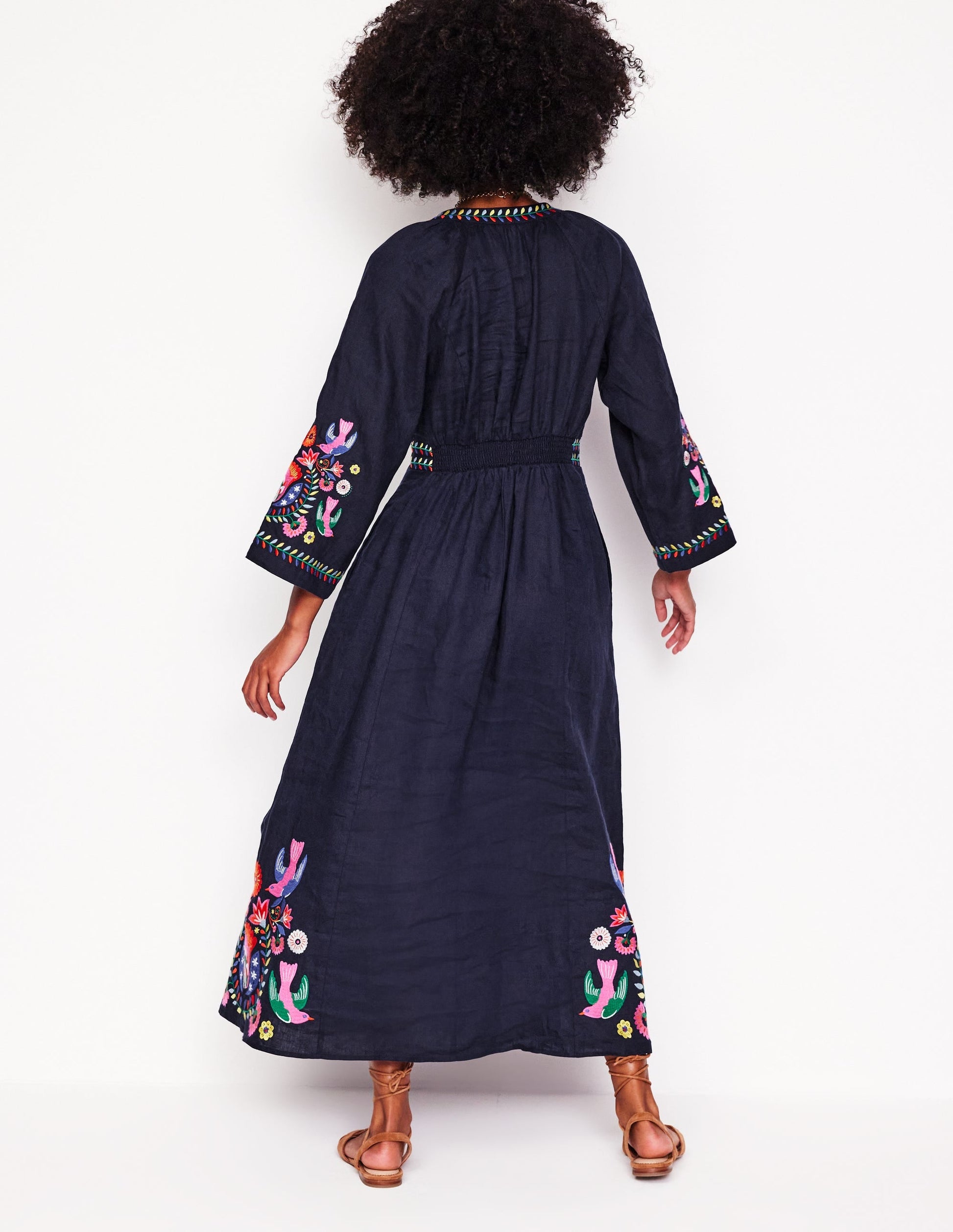 Una Linen Embroidered Dress-Navy, Multi Embroidery-3