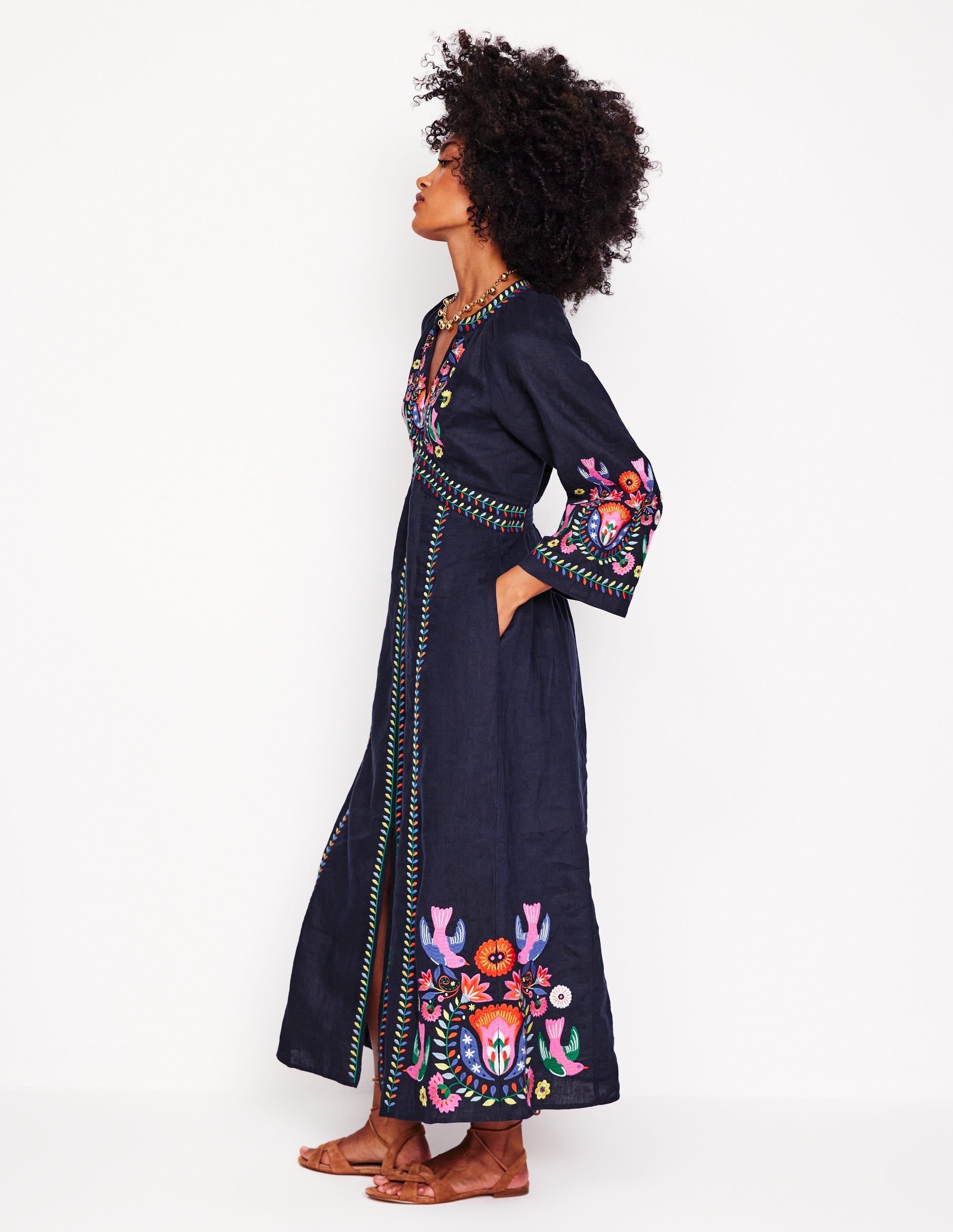 Una Linen Embroidered Dress-Navy, Multi Embroidery - Image 4