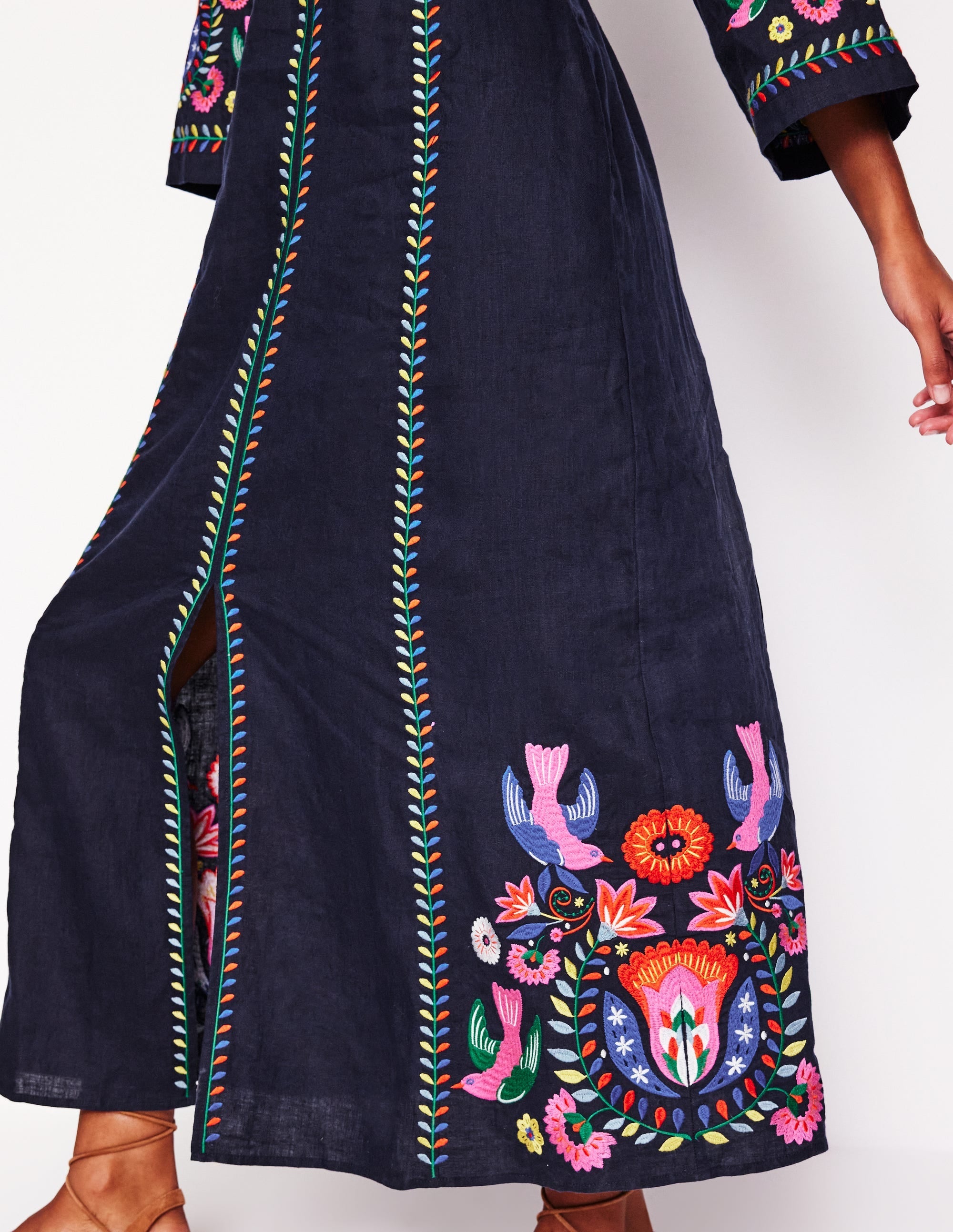 Una Linen Embroidered Dress-Navy, Multi Embroidery - Image 5