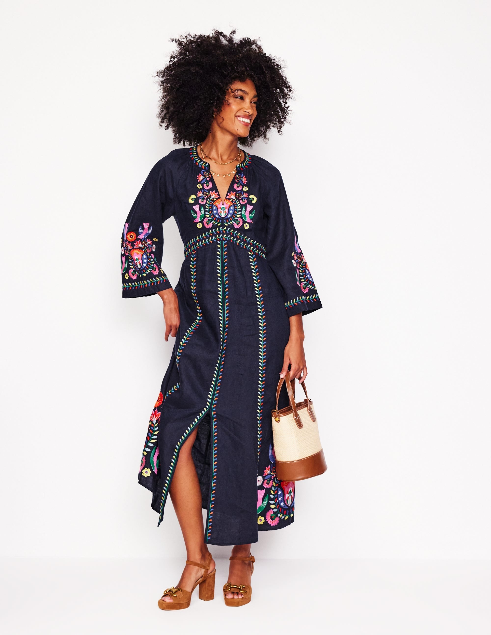 Una Linen Embroidered Dress-Navy, Multi Embroidery - Image 6