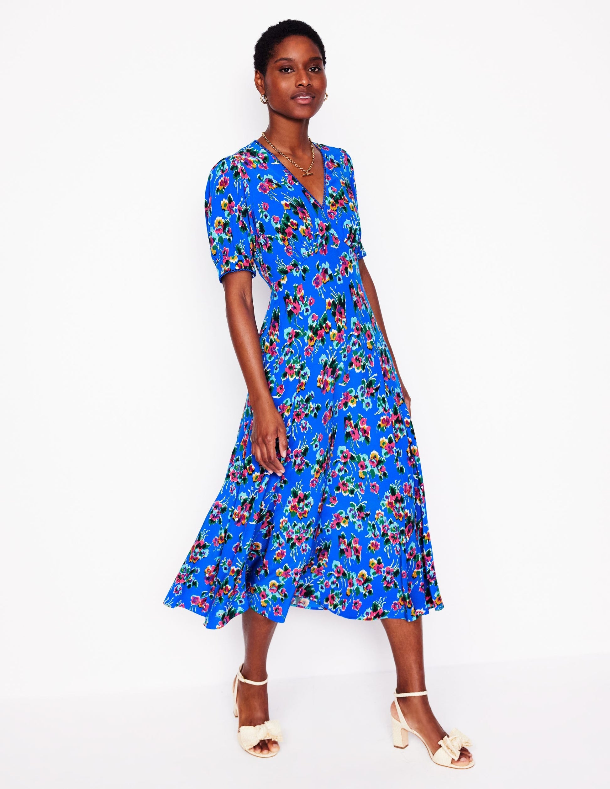 Rosie Godet Tea Dress-Gallery Blue, Abstract Posy-2