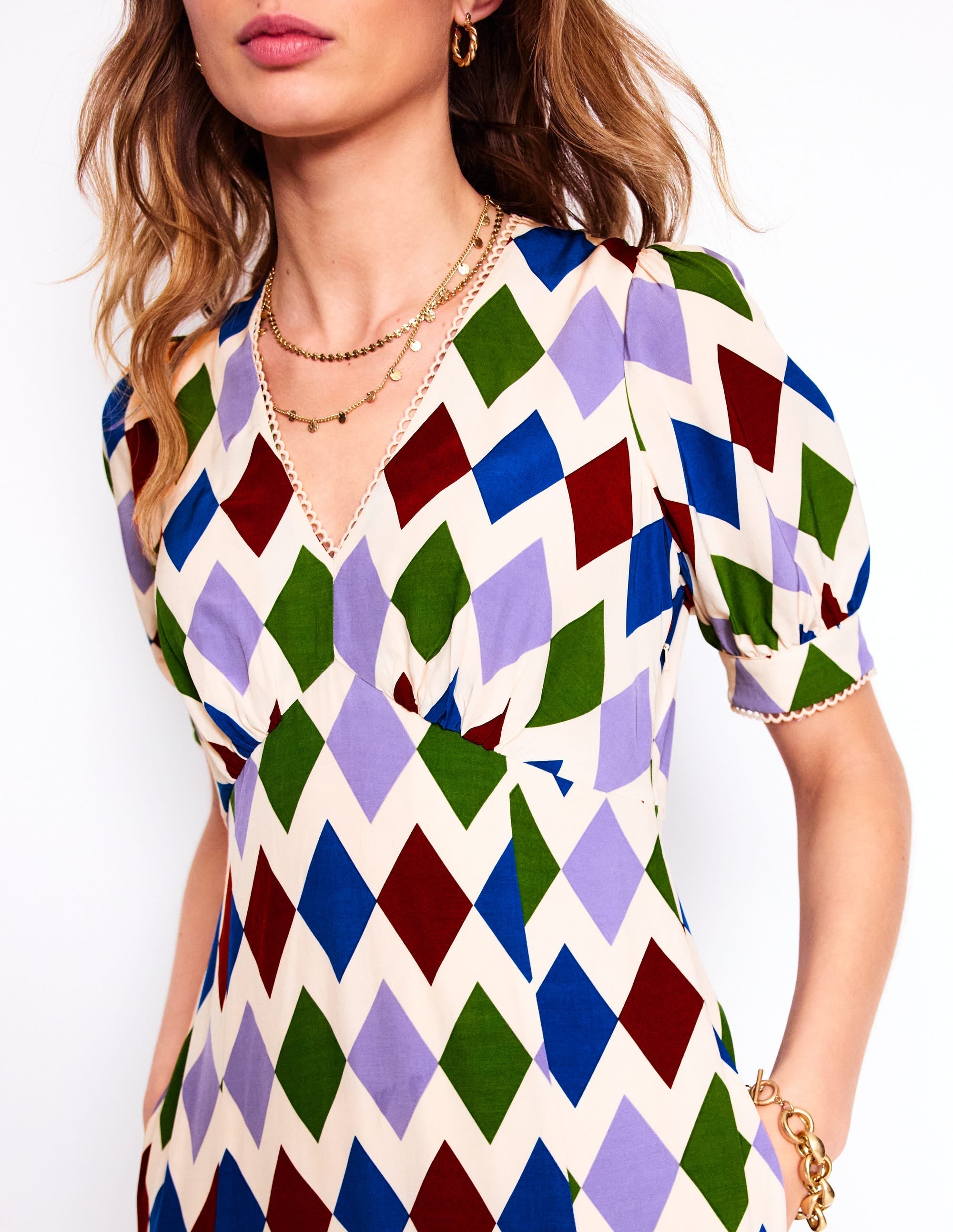 Rosie Godet Tea Dress-Multi, Diamond Stripe - Image 2